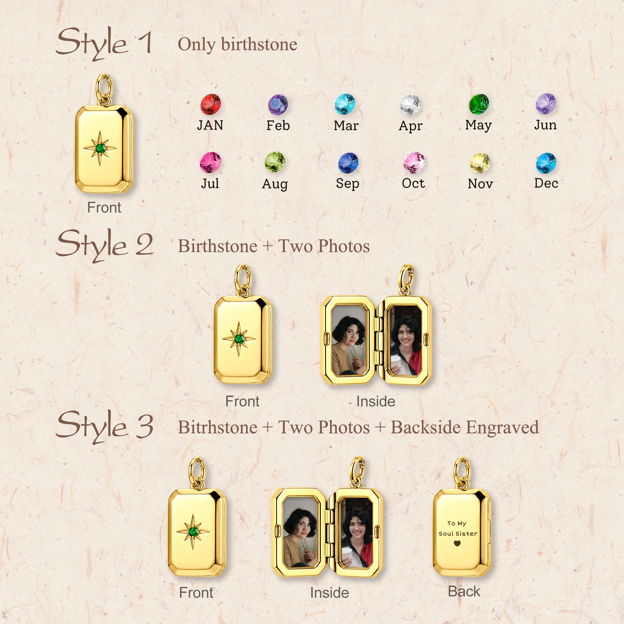 Square Birthstone Photo Locket Necklace