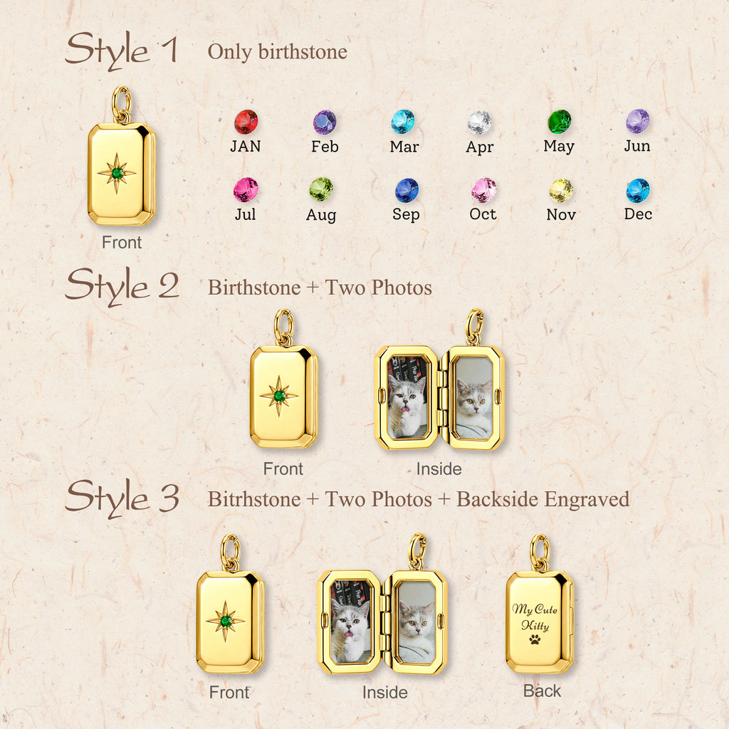 Square Birthstone Pet Photo Locket Necklace