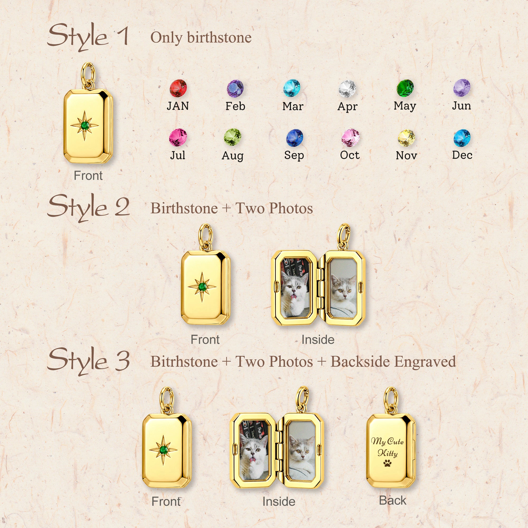 Square Birthstone Pet Photo Locket Necklace