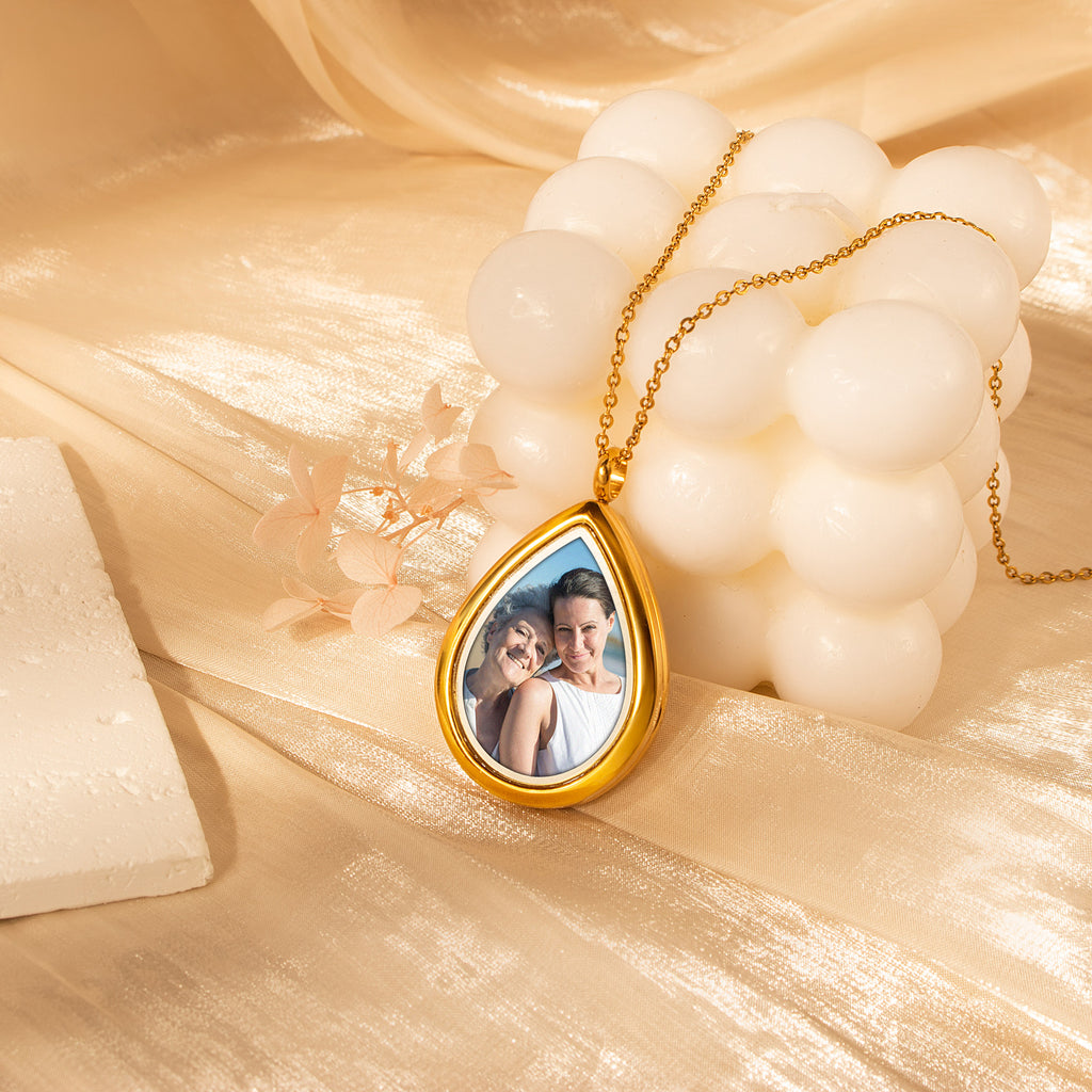 Teardrop Glass Photo Locket Necklace