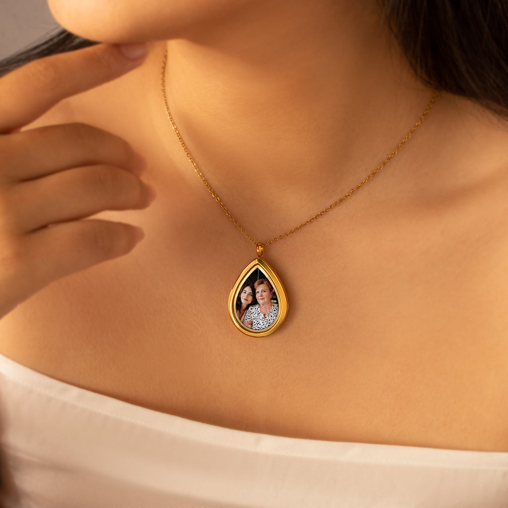 Teardrop Glass Photo Locket Necklace