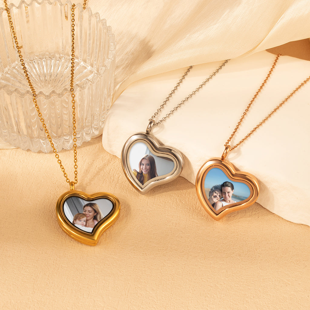 Glass Sideways Heart Photo Locket Necklace