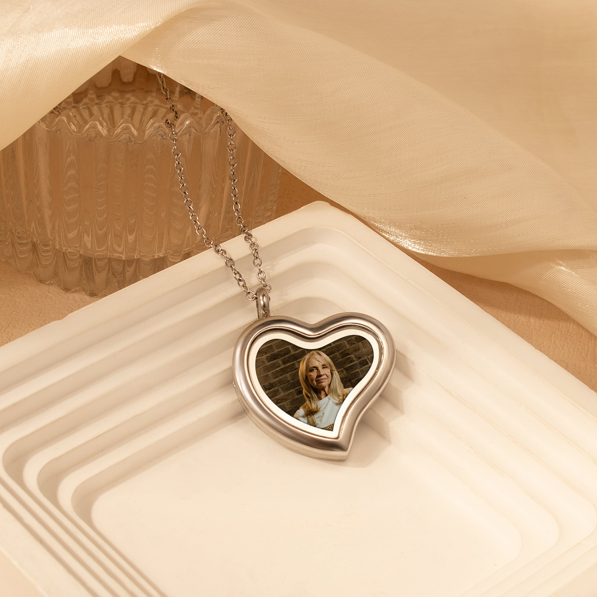 Glass Sideways Heart Photo Locket Necklace