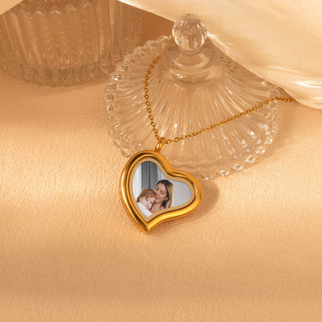 Glass Sideways Heart Photo Locket Necklace