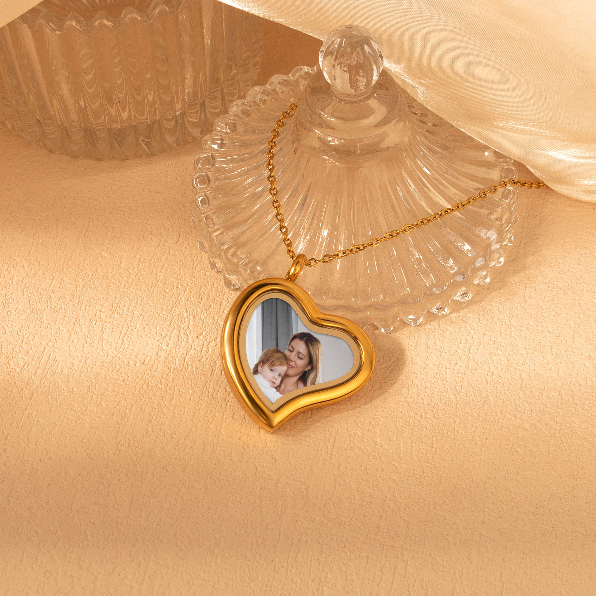 Glass Sideways Heart Photo Locket Necklace