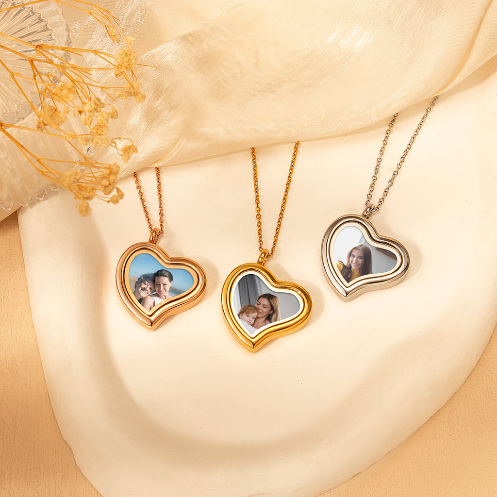 Glass Sideways Heart Photo Locket Necklace