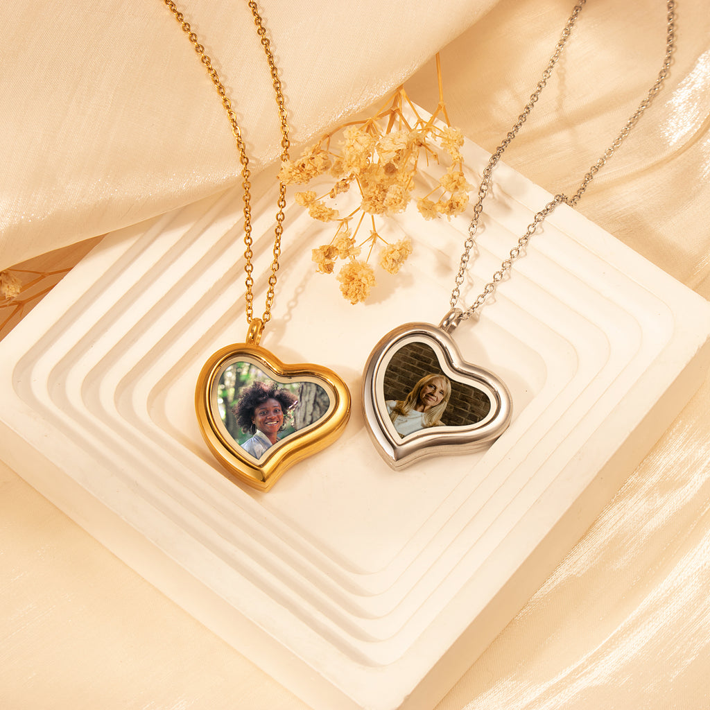 Glass Sideways Heart Photo Locket Necklace
