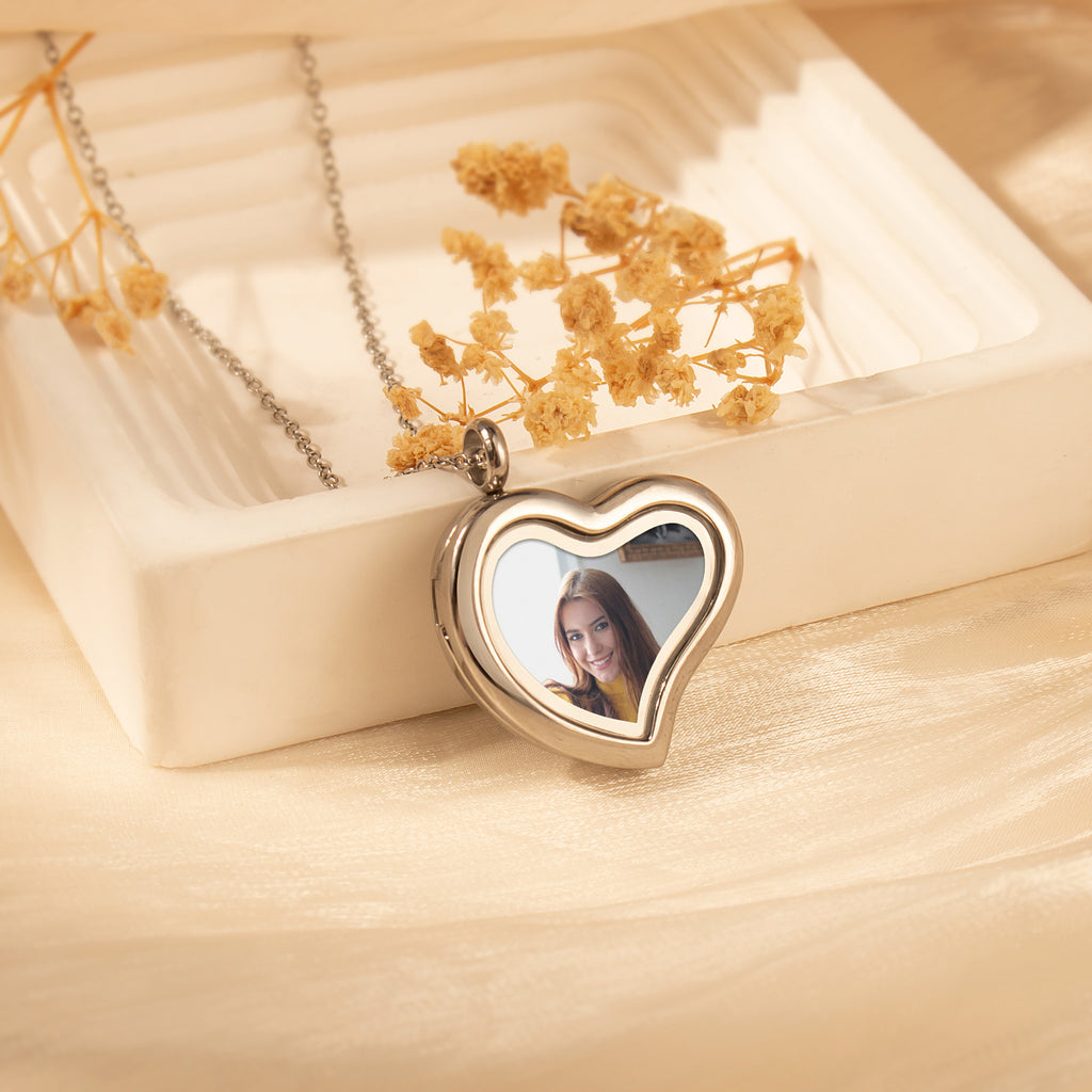 Glass Sideways Heart Photo Locket Necklace