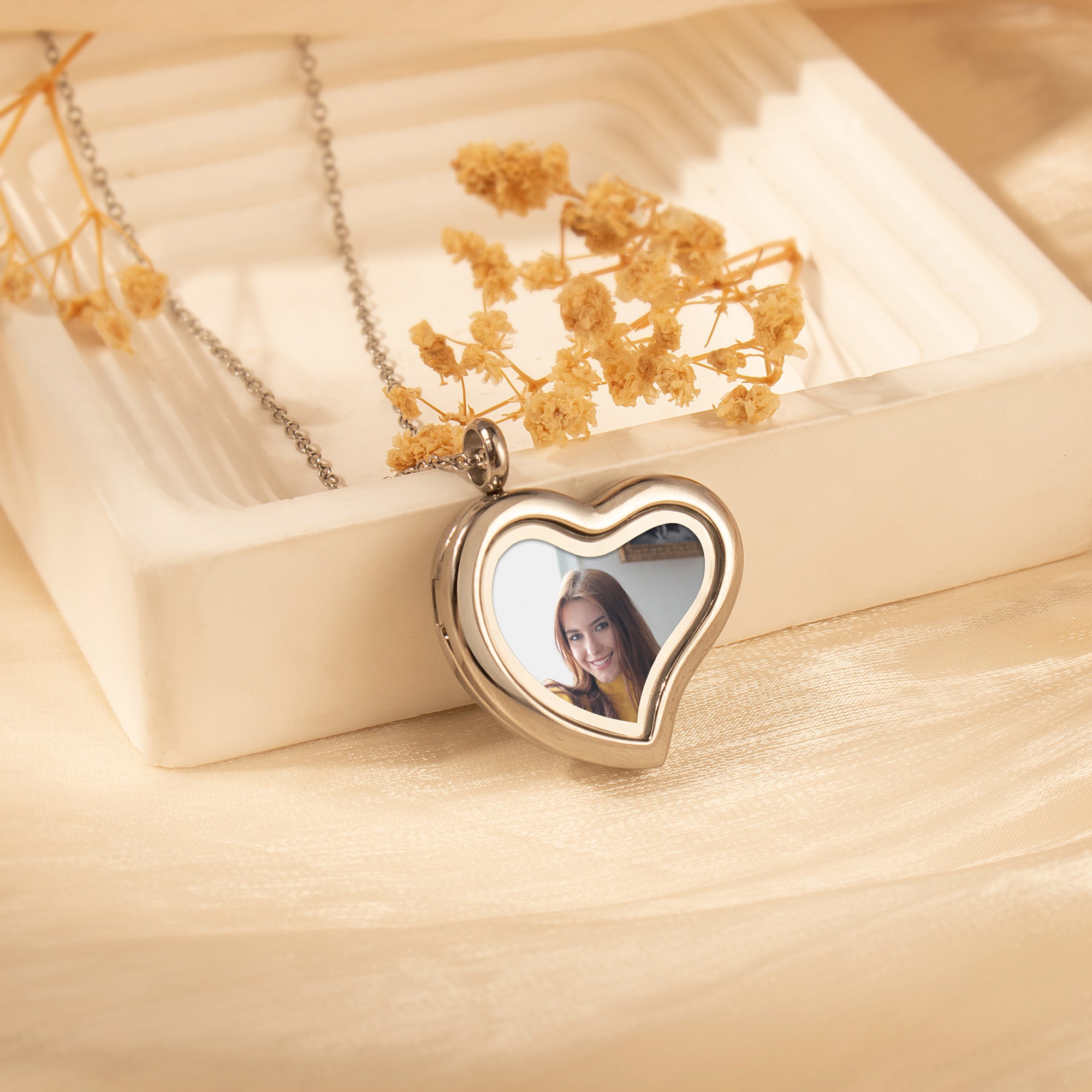 Glass Sideways Heart Photo Locket Necklace