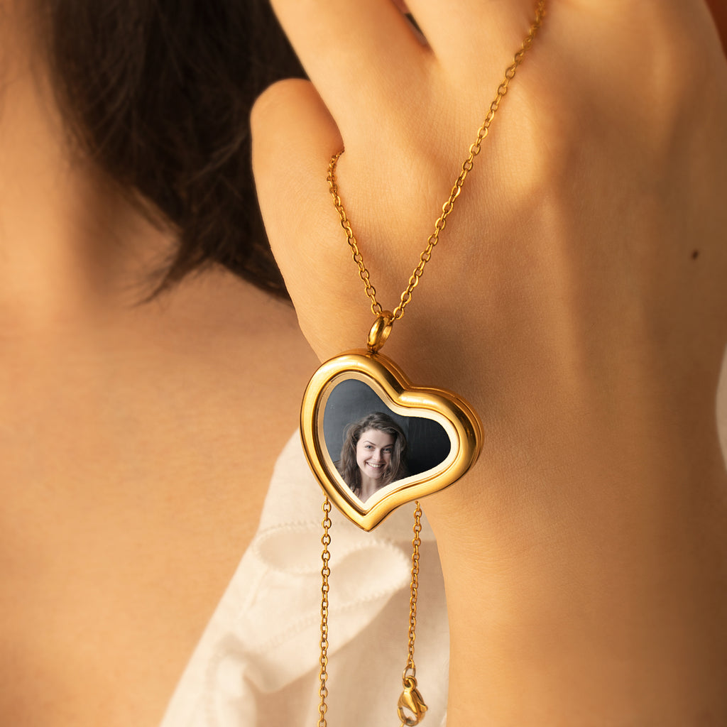 Glass Sideways Heart Photo Locket Necklace