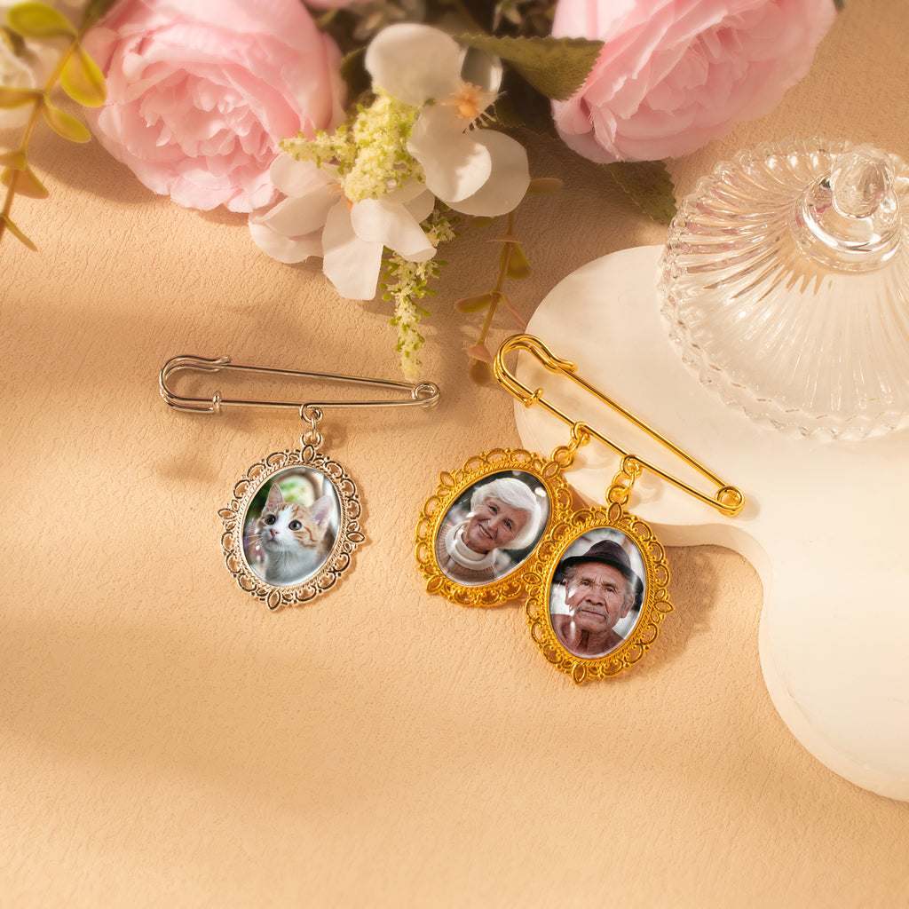 Horizontal Oval Wedding Photo Brooch Pin