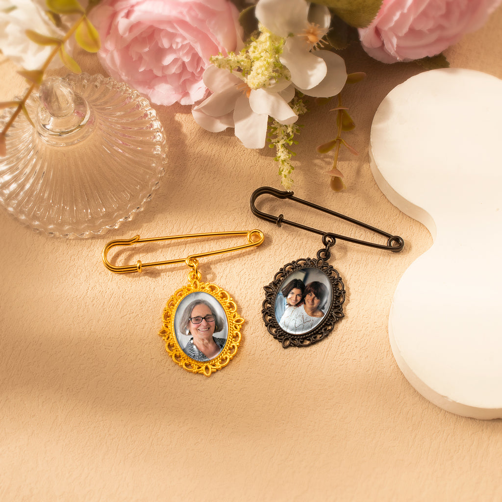 Horizontal Oval Wedding Photo Brooch Pin