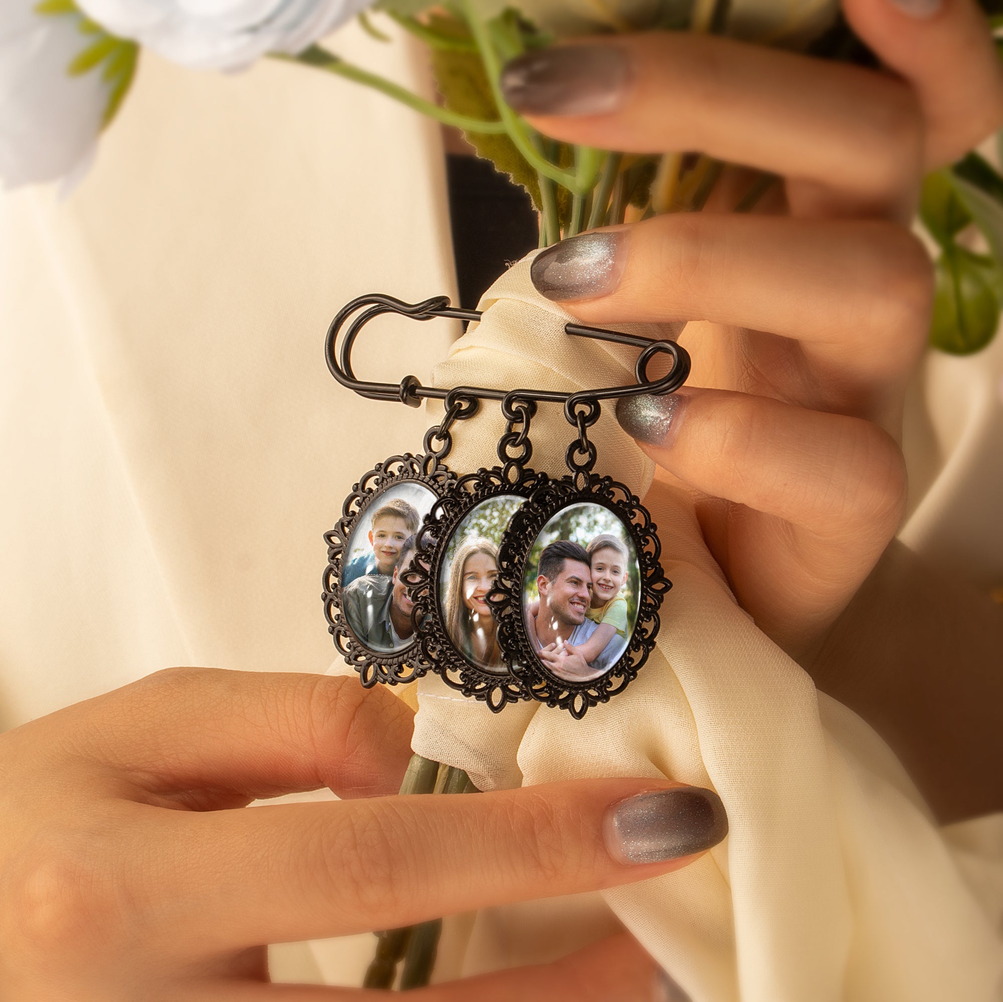 Horizontal Oval Wedding Photo Brooch Pin