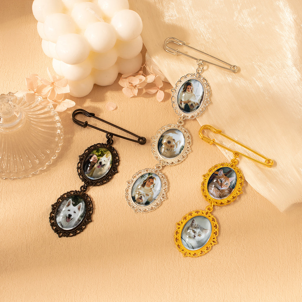 Vertical Pet Memorial Oval Photo Brooch Pin