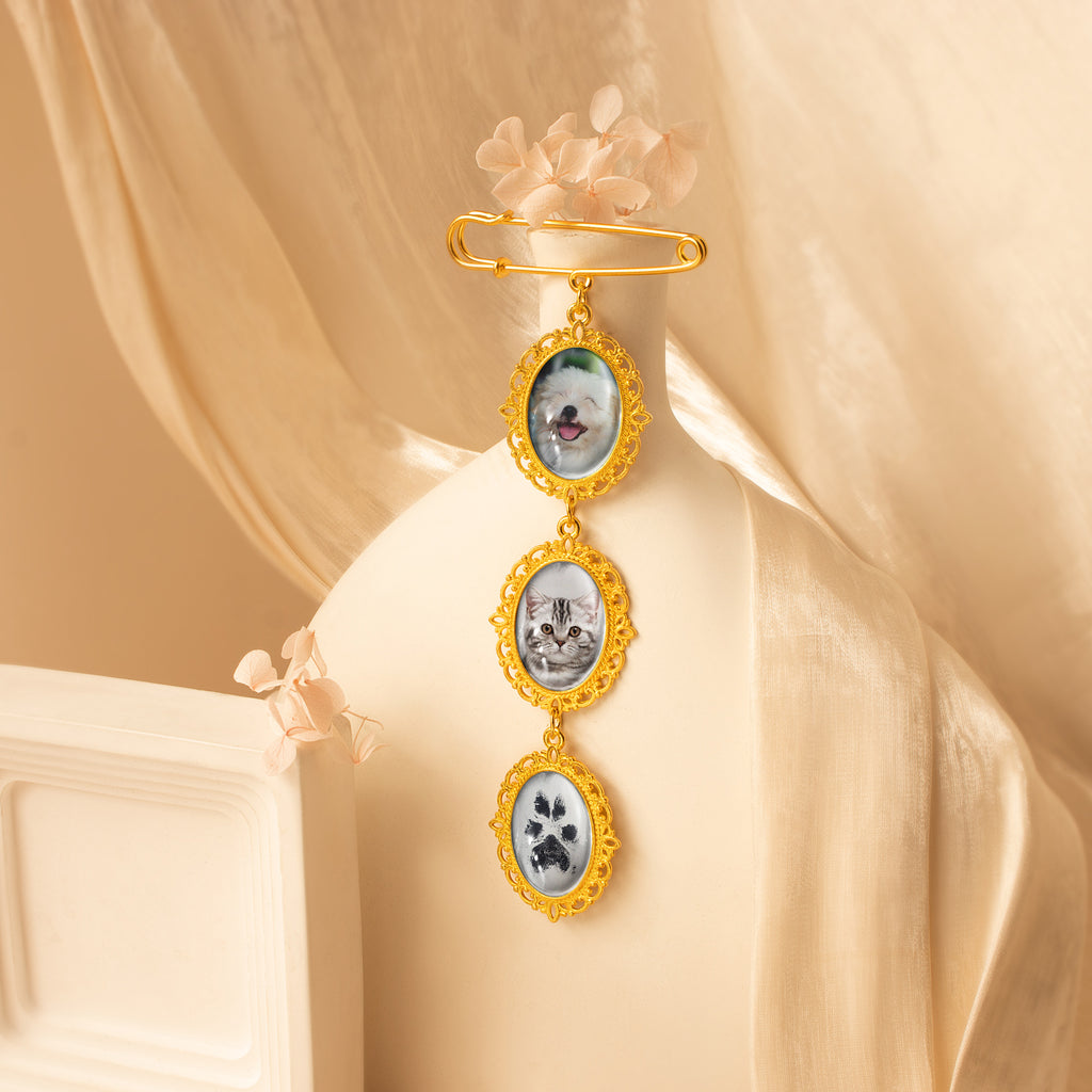 Vertical Pet Memorial Oval Photo Brooch Pin
