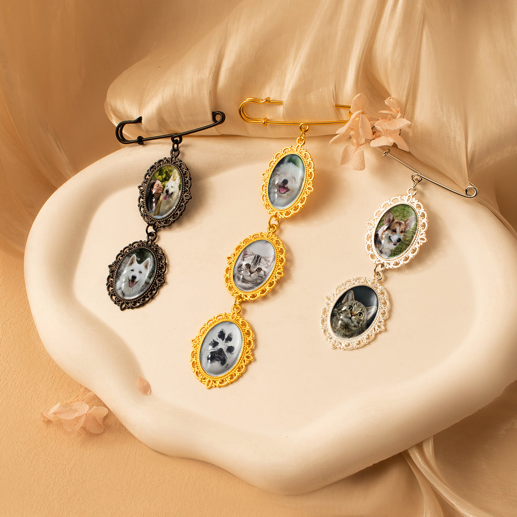Vertical Pet Memorial Oval Photo Brooch Pin