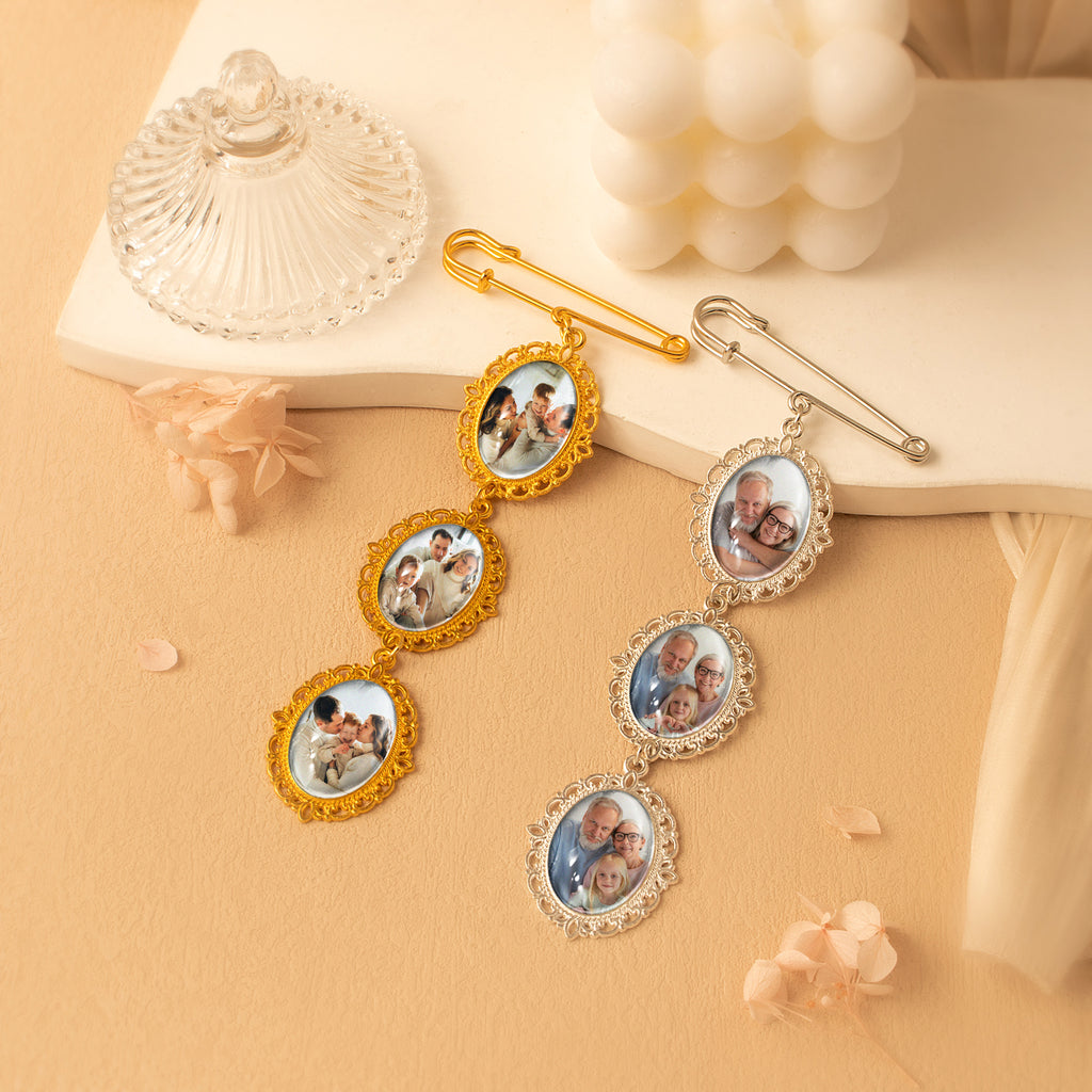 Vertical Wedding Oval Photo Brooch Pin