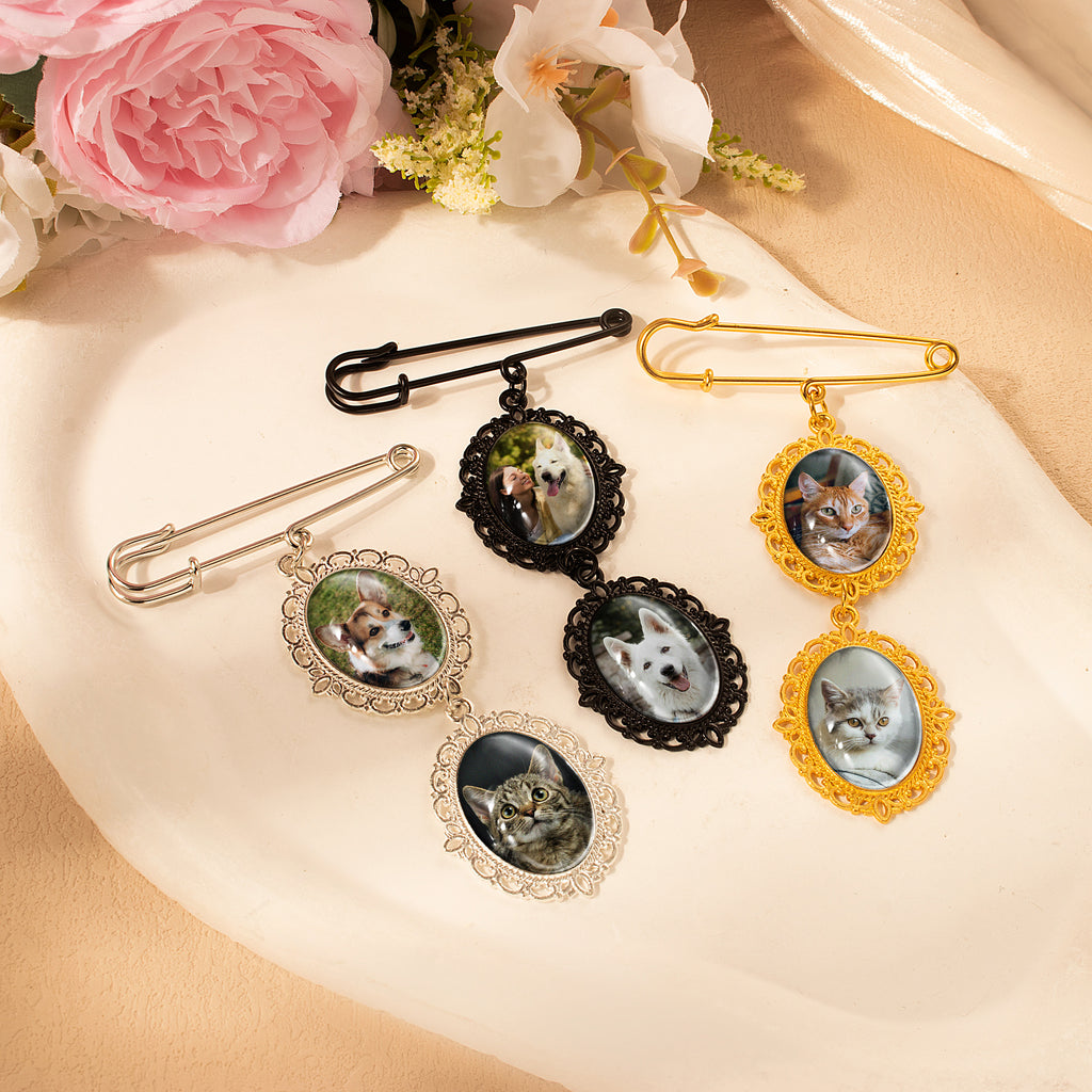 Vertical Pet Memorial Oval Photo Brooch Pin