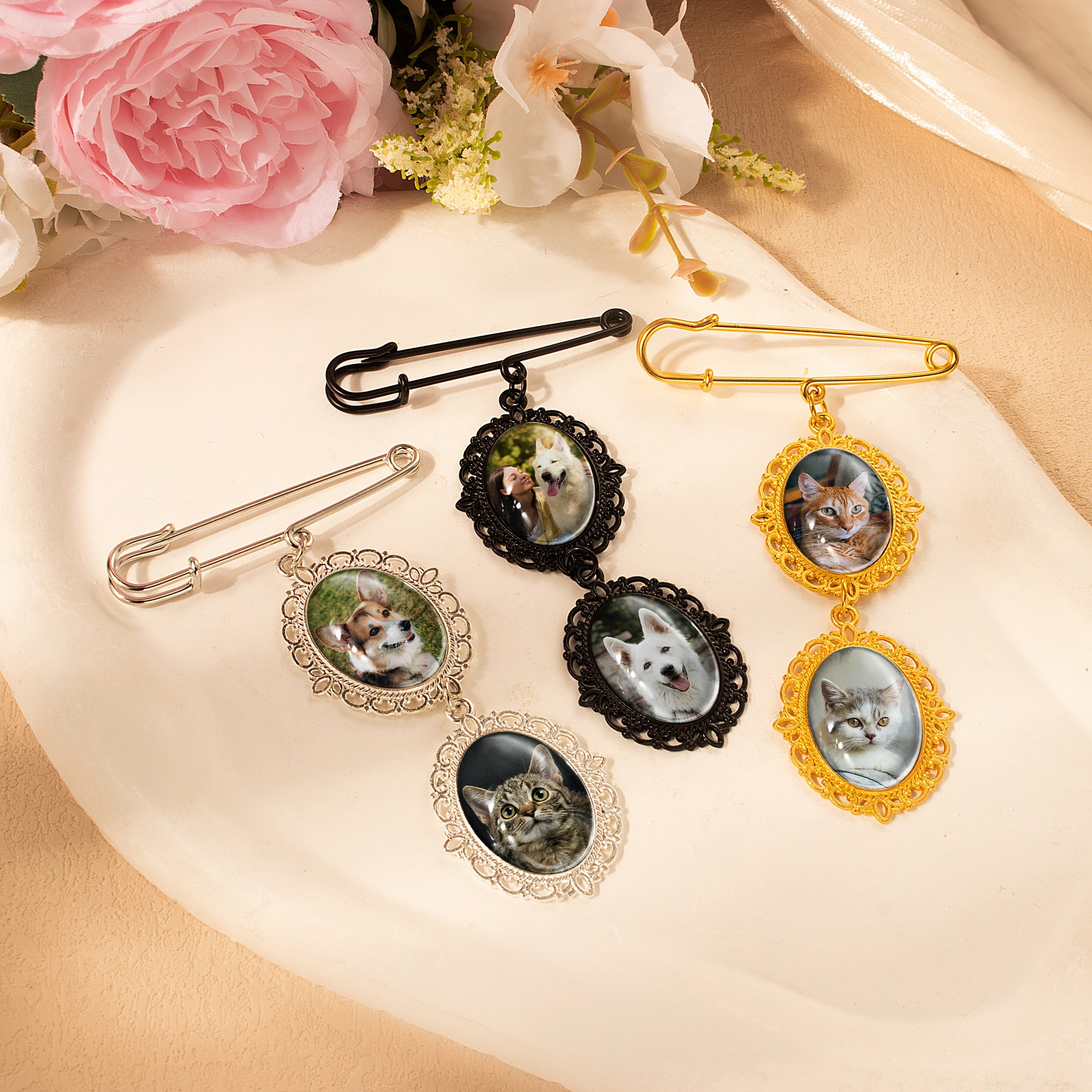 Vertical Pet Memorial Oval Photo Brooch Pin