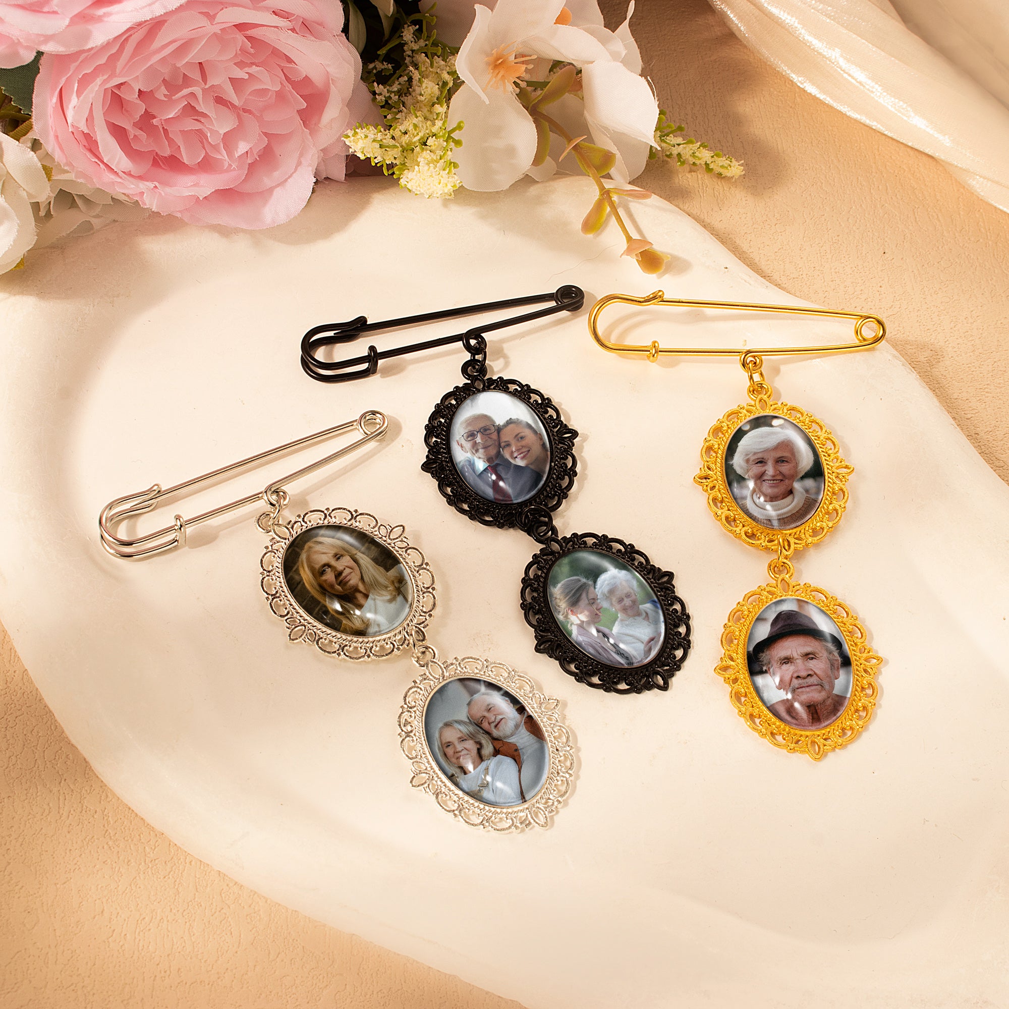 Vertical Oval Vintage Wedding Photo Brooch Pin