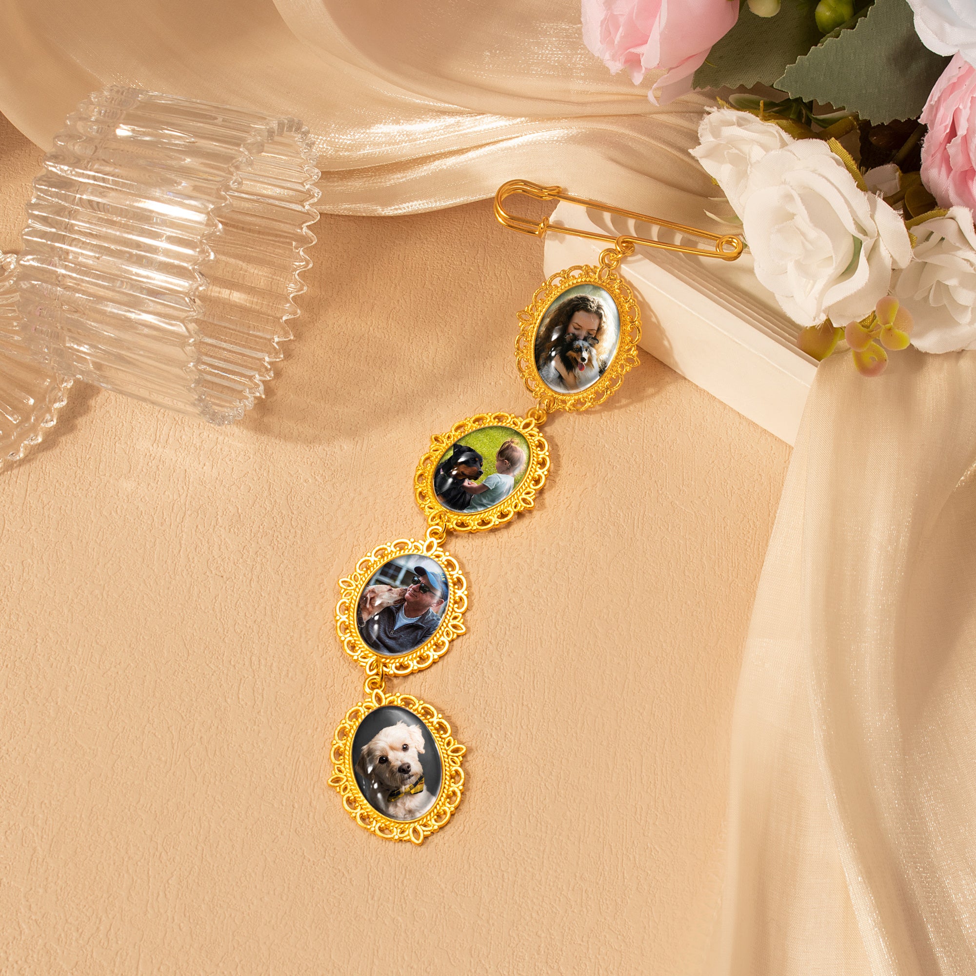 Vertical Pet Memorial Oval Photo Brooch Pin