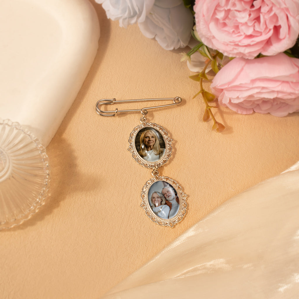 Vertical Oval Vintage Wedding Photo Brooch Pin