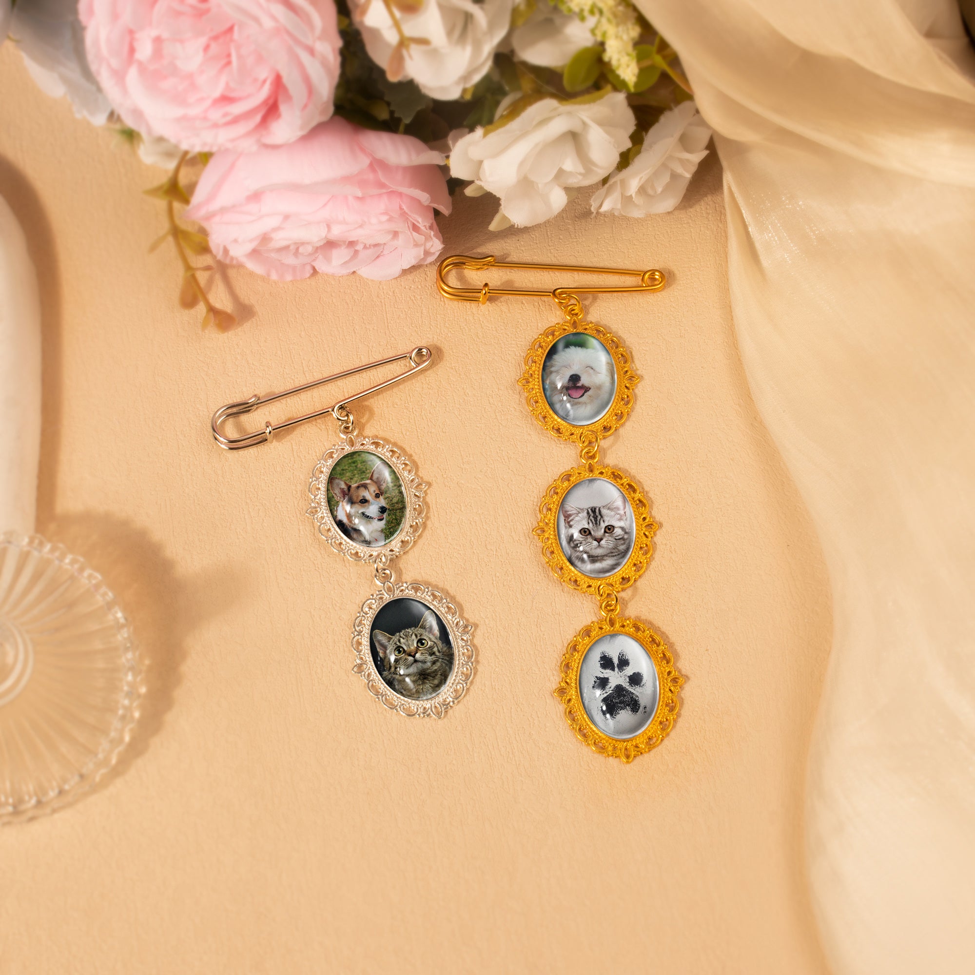 Vertical Pet Memorial Oval Photo Brooch Pin