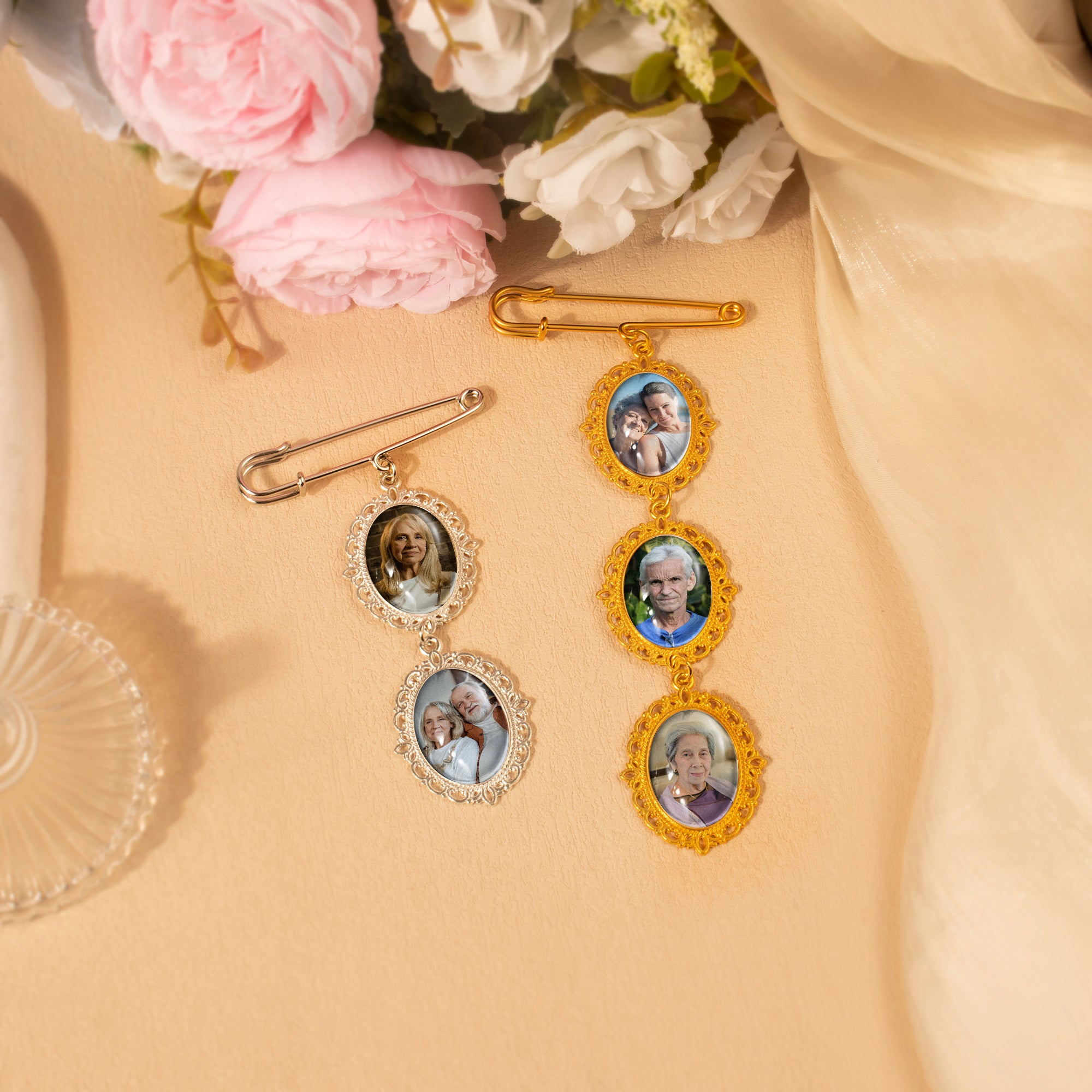 Vertical Oval Vintage Wedding Photo Brooch Pin