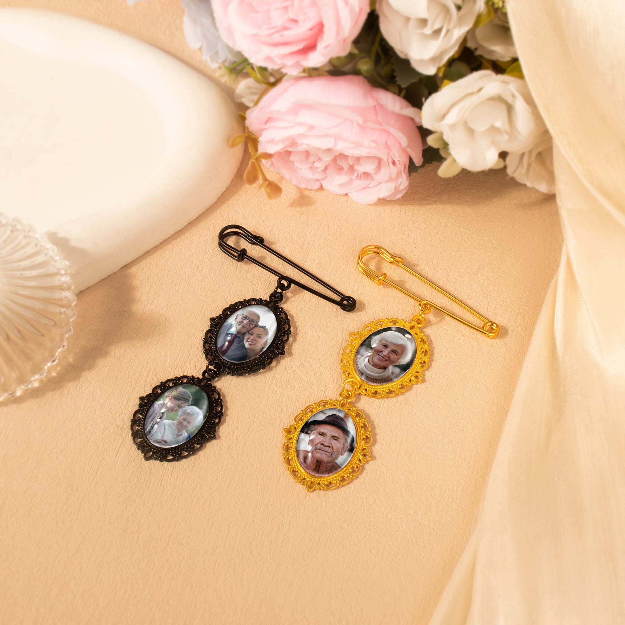 Vertical Oval Vintage Wedding Photo Brooch Pin