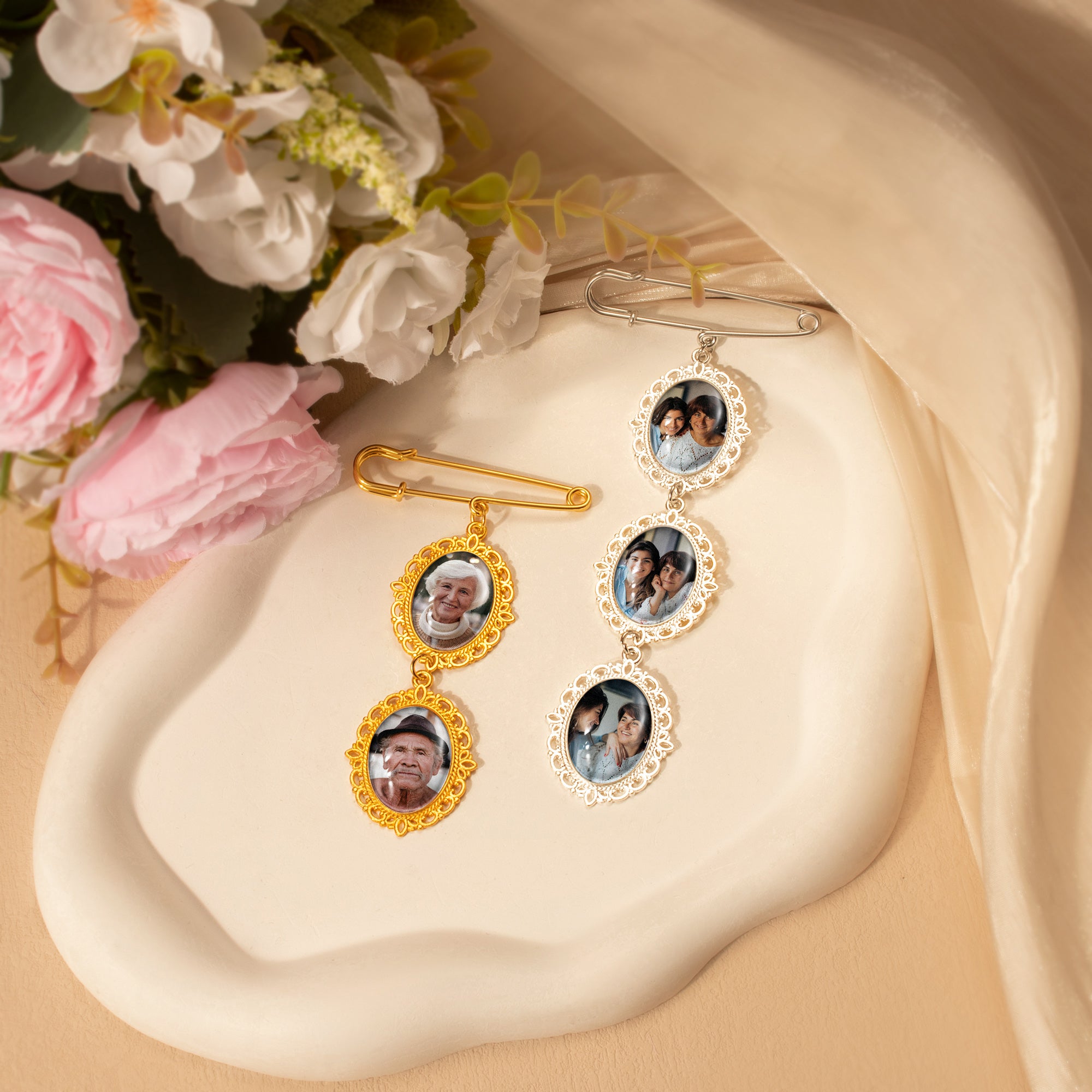 Vertical Oval Vintage Wedding Photo Brooch Pin