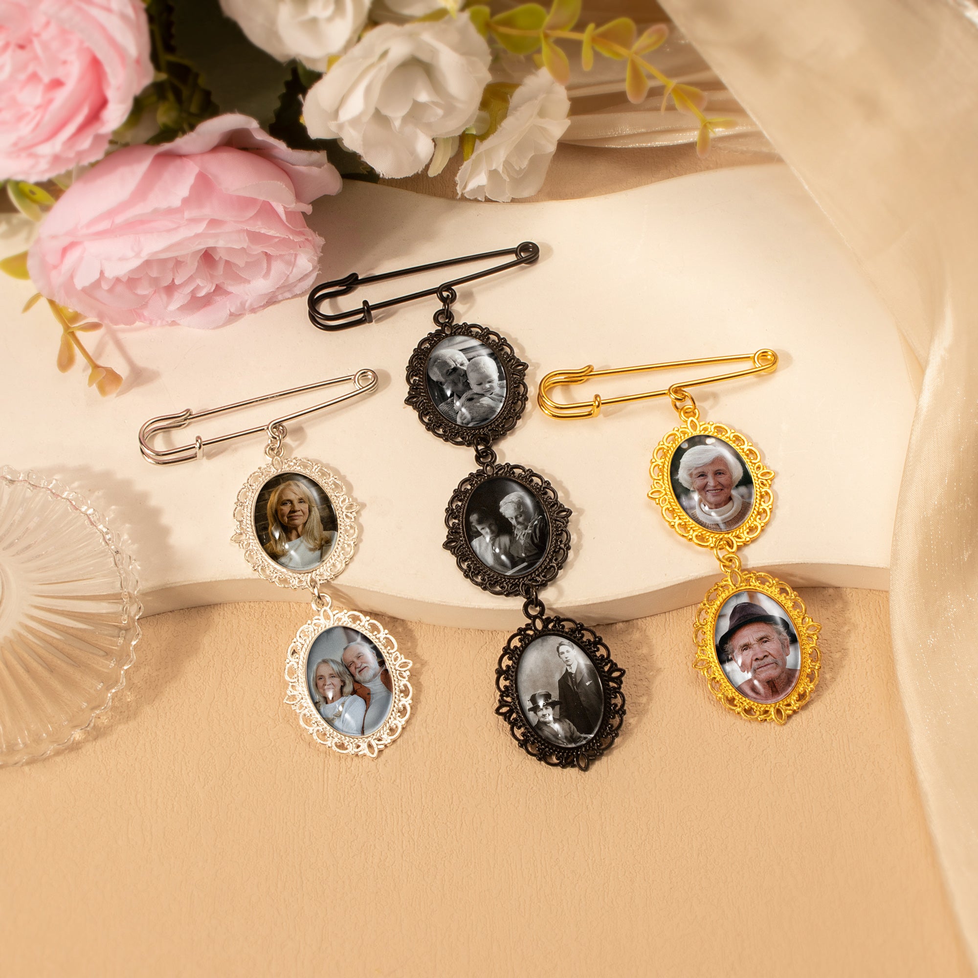 Vertical Oval Vintage Wedding Photo Brooch Pin