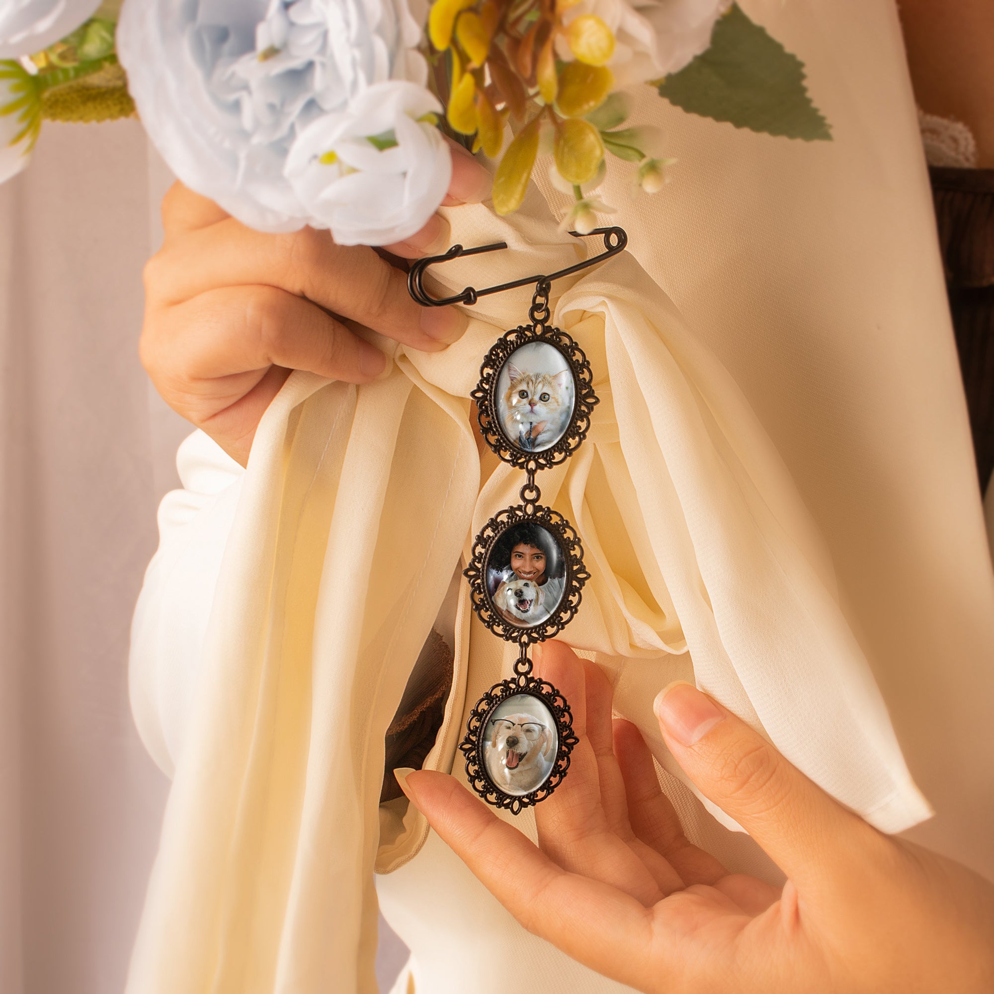 Vertical Pet Memorial Oval Photo Brooch Pin