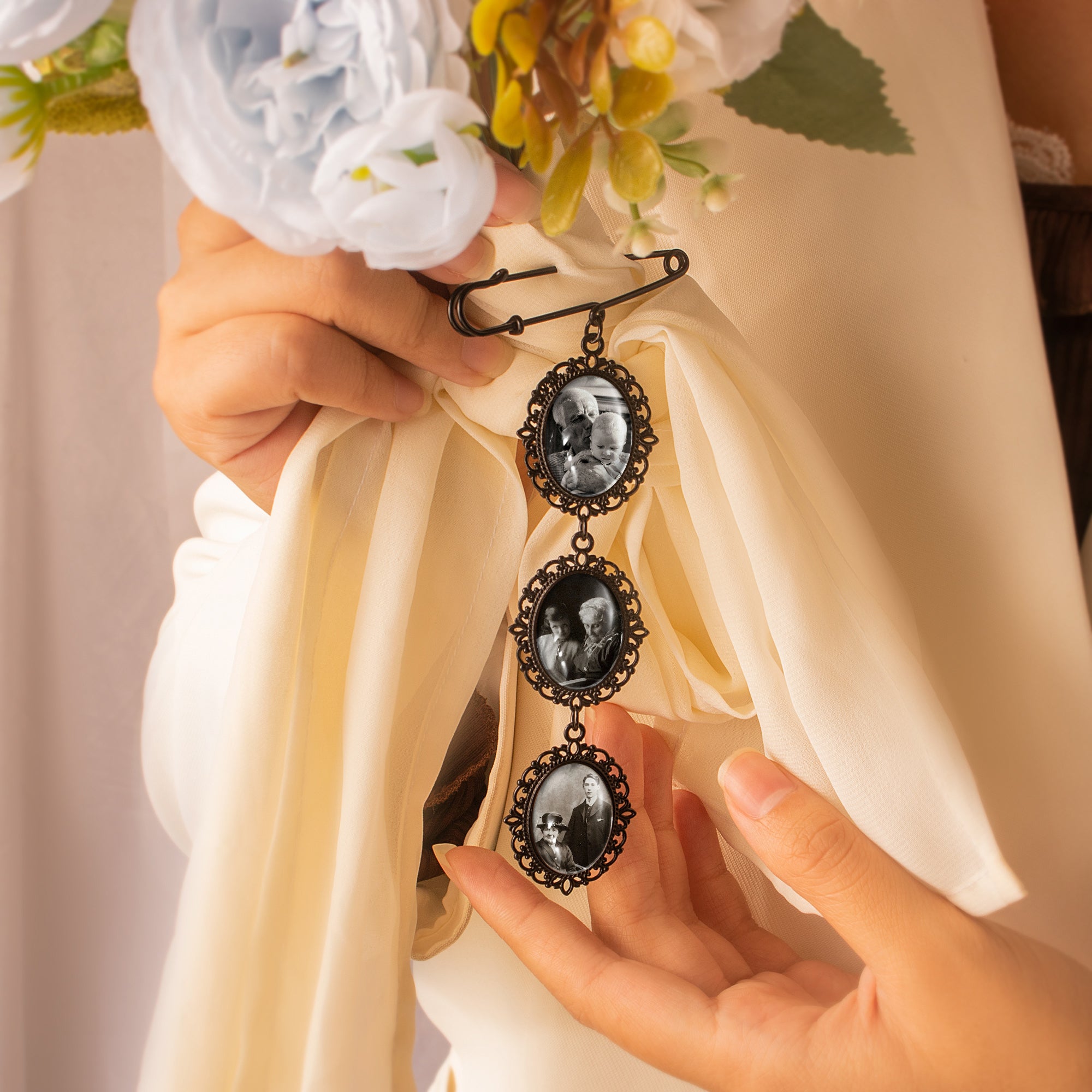 Vertical Oval Vintage Wedding Photo Brooch Pin