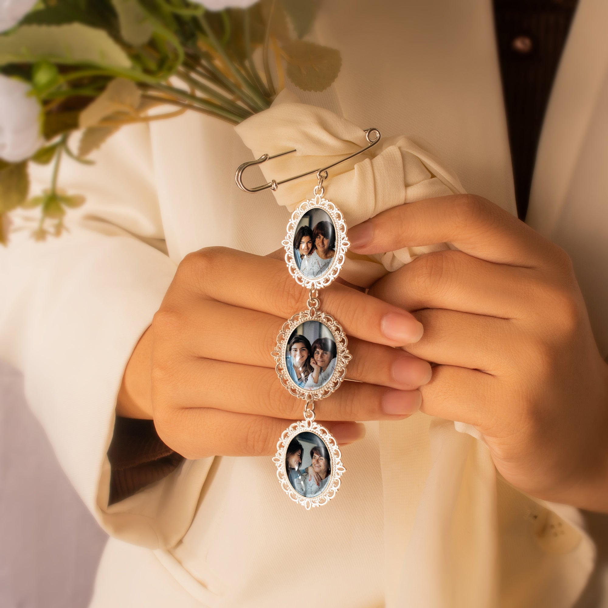 Vertical Oval Vintage Wedding Photo Brooch Pin