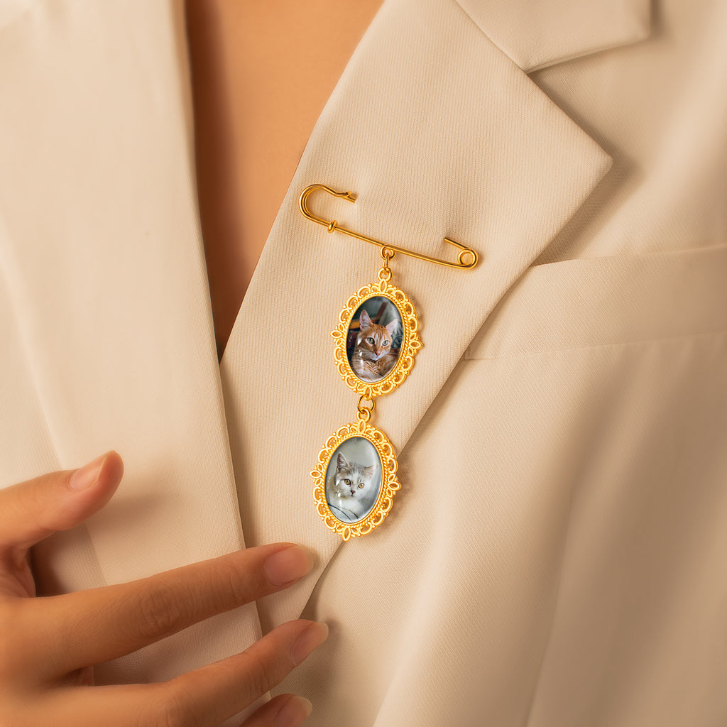 Vertical Pet Memorial Oval Photo Brooch Pin