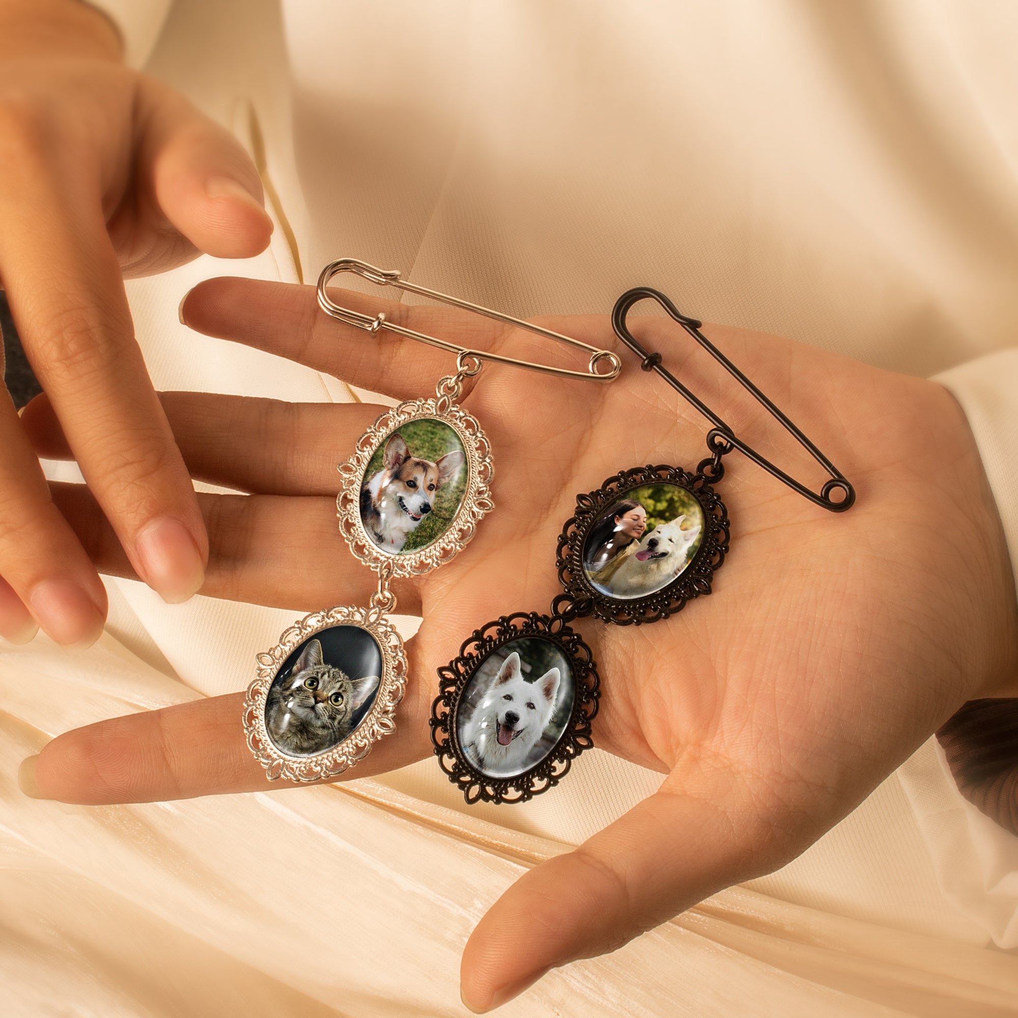 Vertical Pet Memorial Oval Photo Brooch Pin