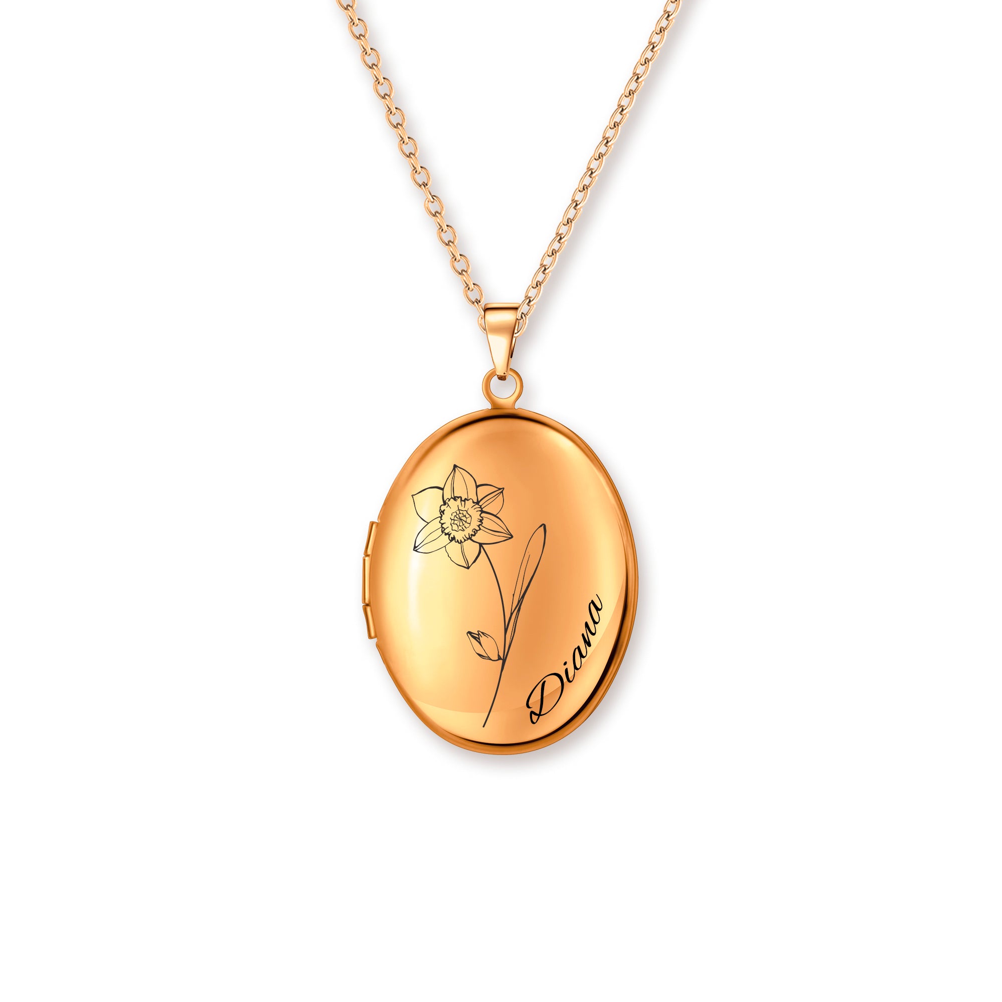 Oval Birth Flower and Name Photo Locket Necklace