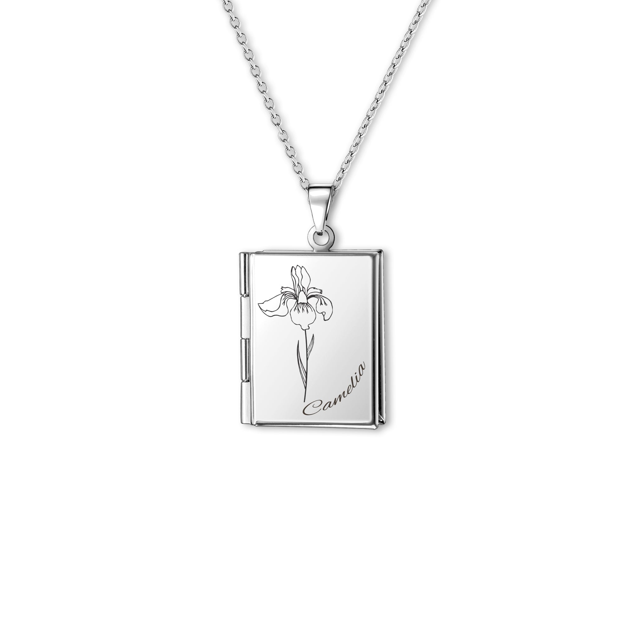Square Birth Flower and Name Photo Locket Necklace