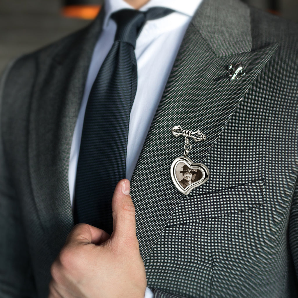 Glass Sideways Heart Photo Locket Brooch Pin