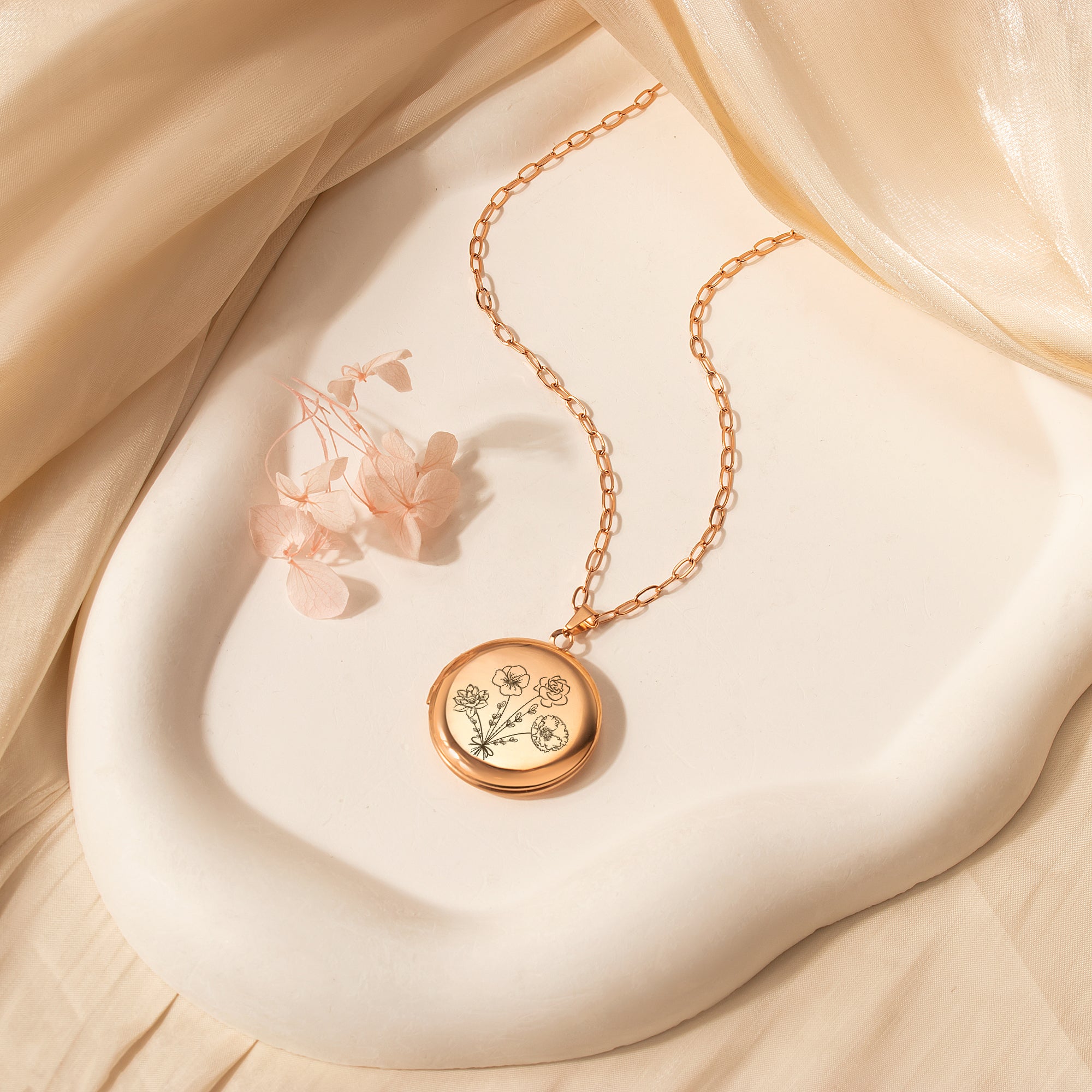 Round Birth Flower Bouquet Photo Locket Necklace