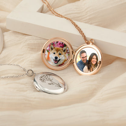 Custom Birth Flower Photo Locket Necklace