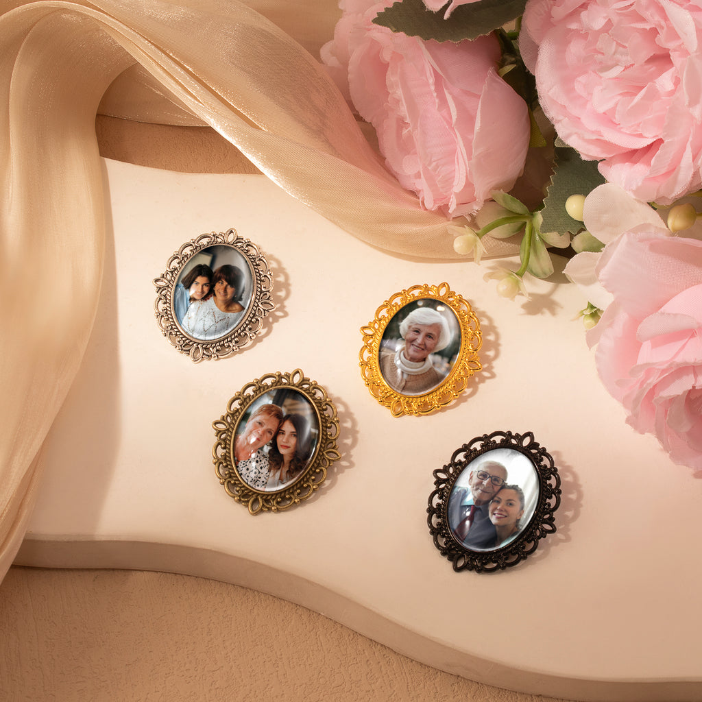 Vintage Oval Resin Wedding Photo Brooch Pin