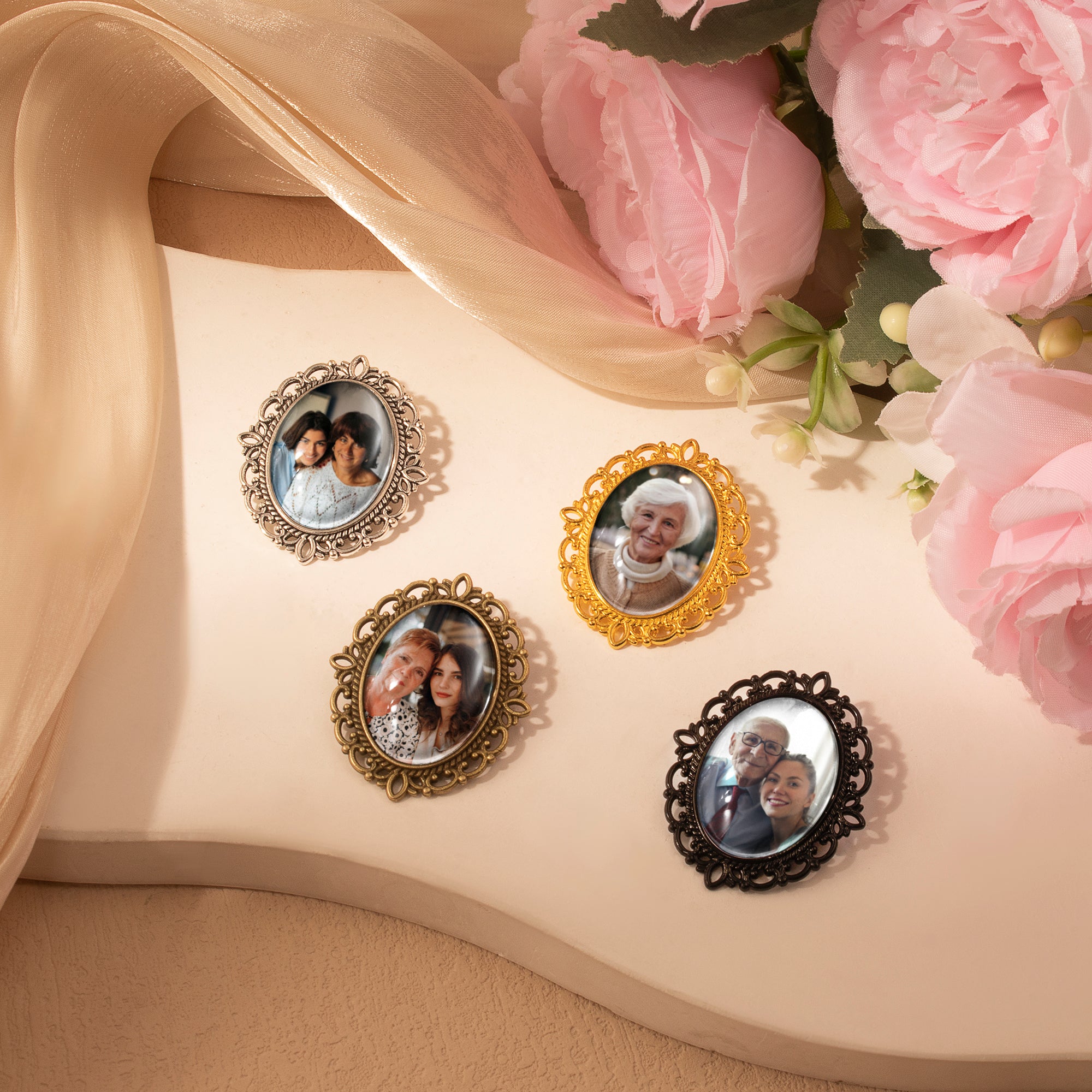 Vintage Oval Resin Wedding Photo Brooch Pin