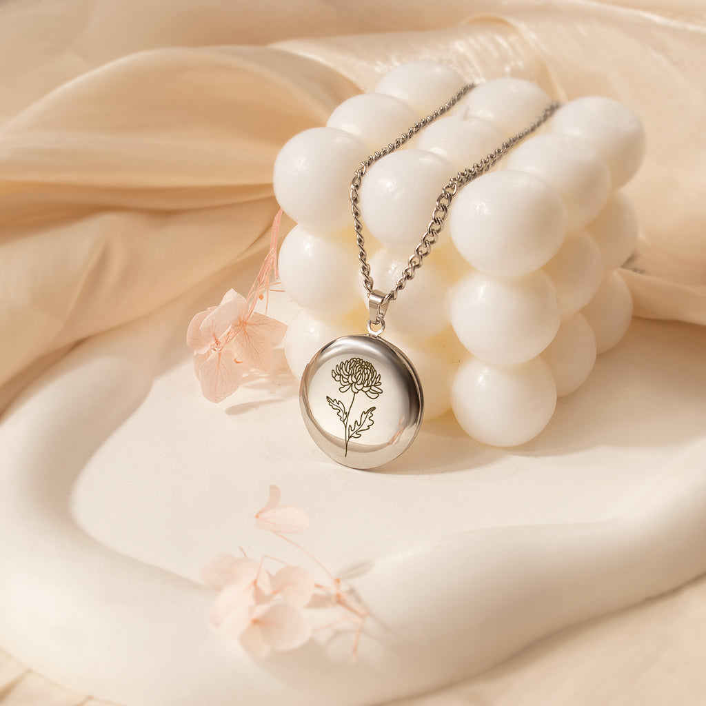 Round Birth Flower Photo Locket Necklace