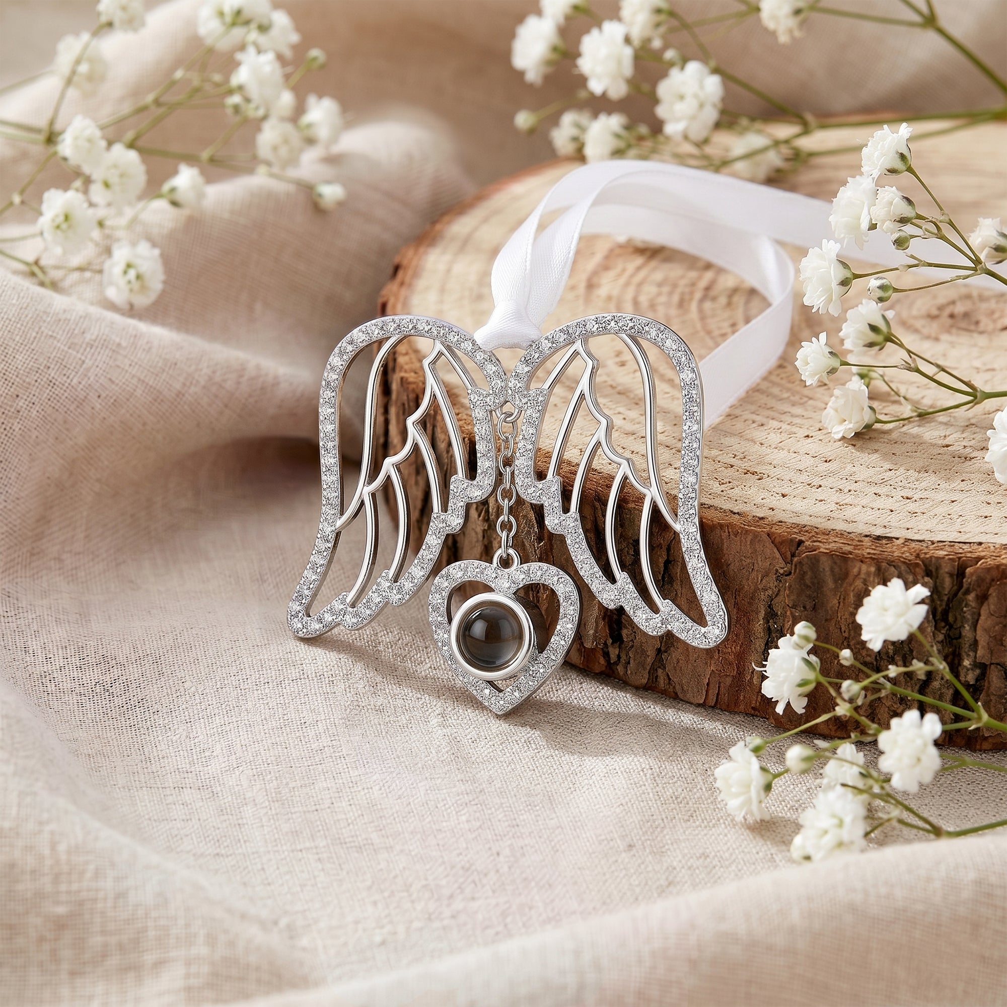 Custom Rhinestone Heart Wings Photo Projection Memorial Ornament