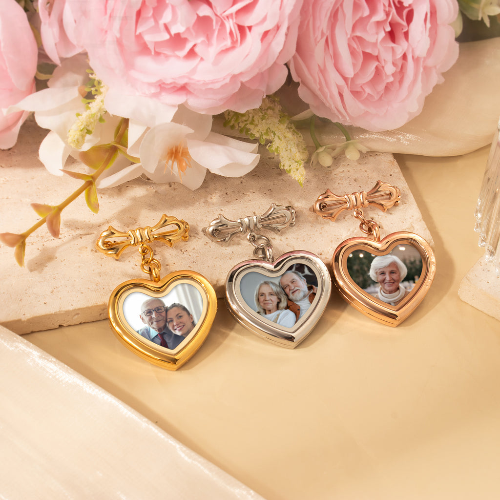 Glass Heart Wedding Photo Locket Brooch Pin