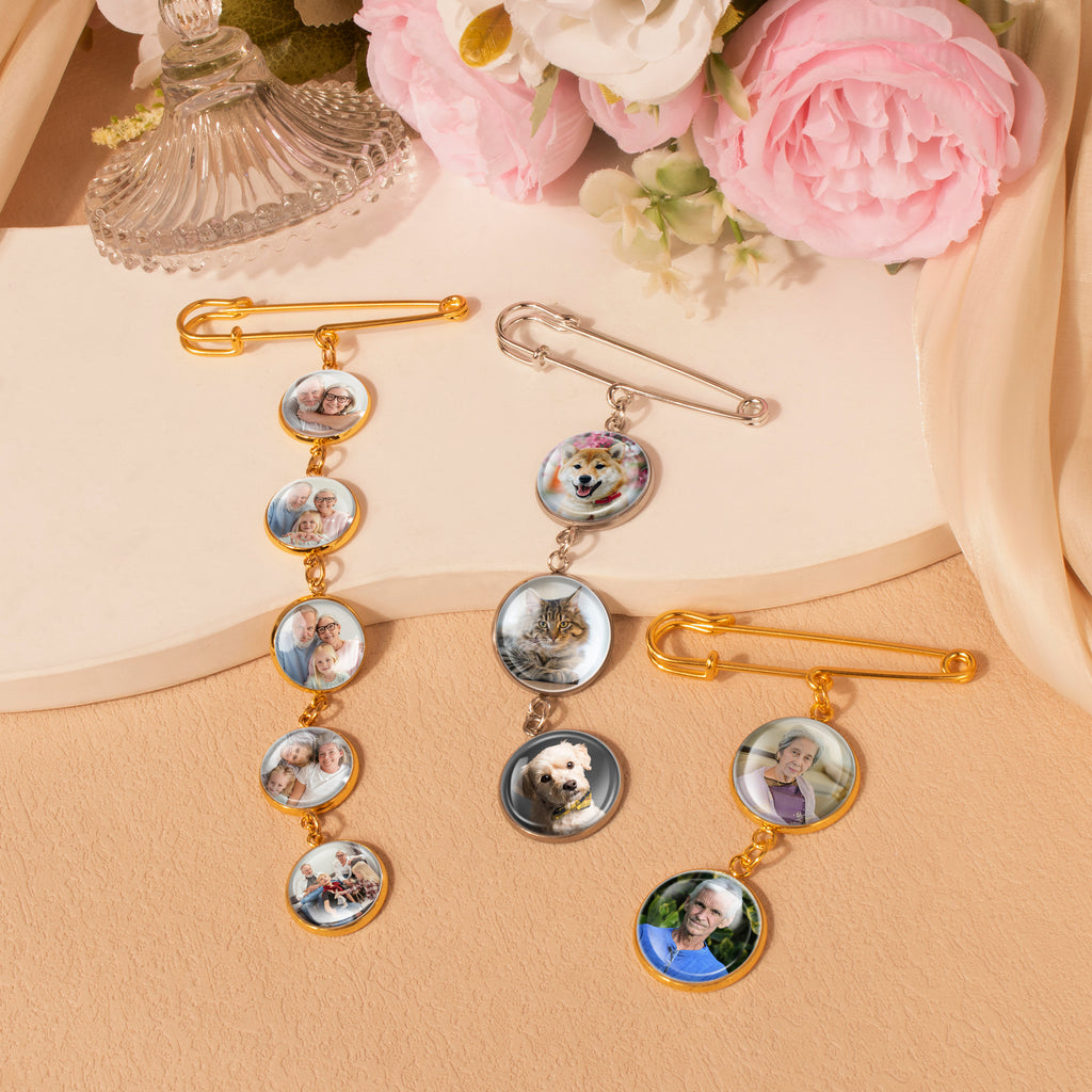 Vertical Wedding Round Photo Brooch Pin