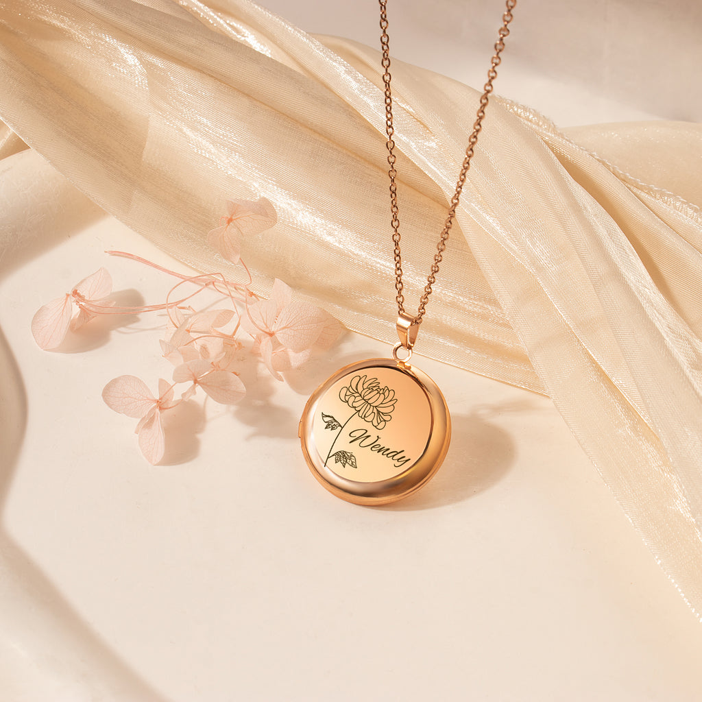 Round Birth Flower and Name Photo Locket Necklace