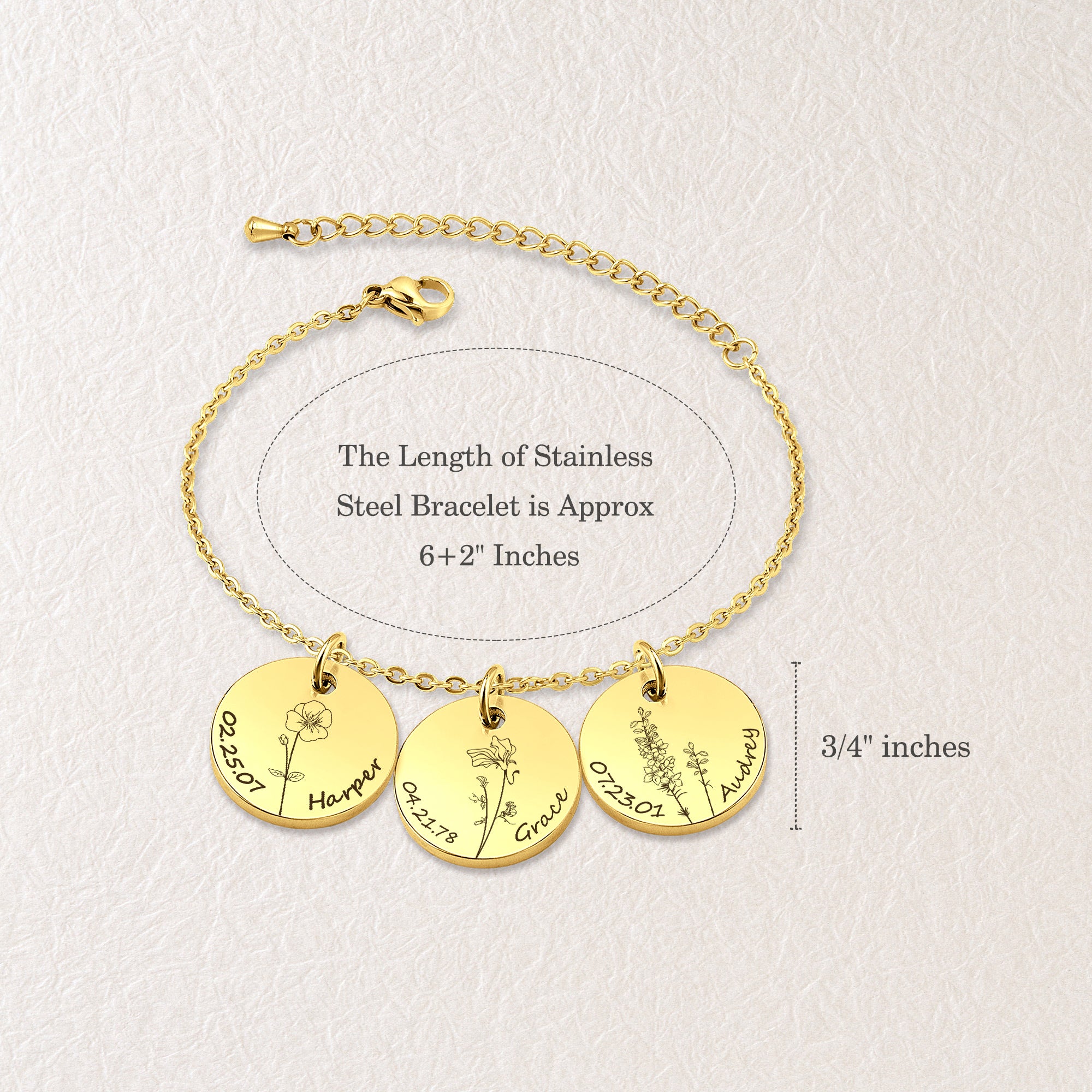 Custom Birth Flower, Name, and Date Charm Stainless Steel Bracelet