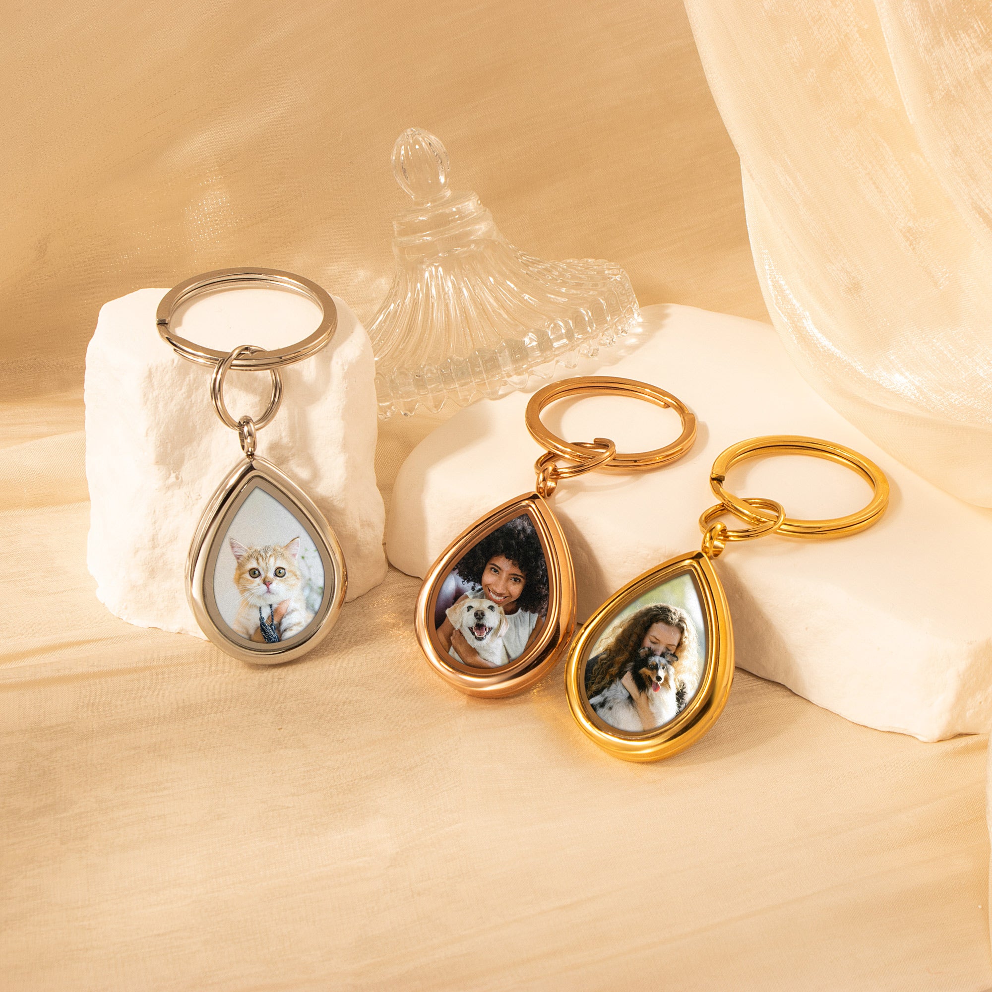 Glass Teardrop Pet Memorial Photo Locket Keychain